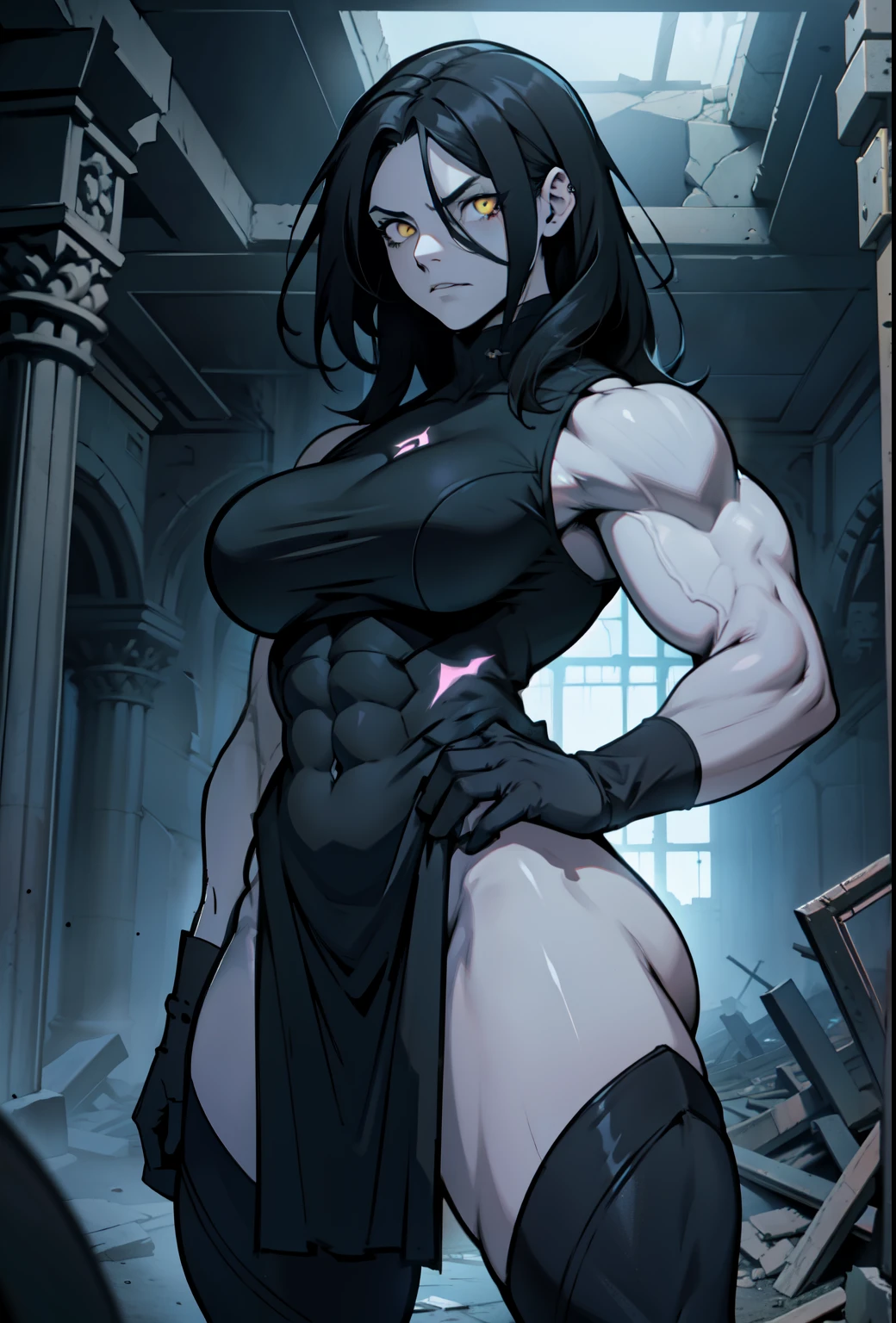 expressionless very long hair pale skin black hair yellow eyes muscular girl thick breasts dark atmosphere somber atmosphere