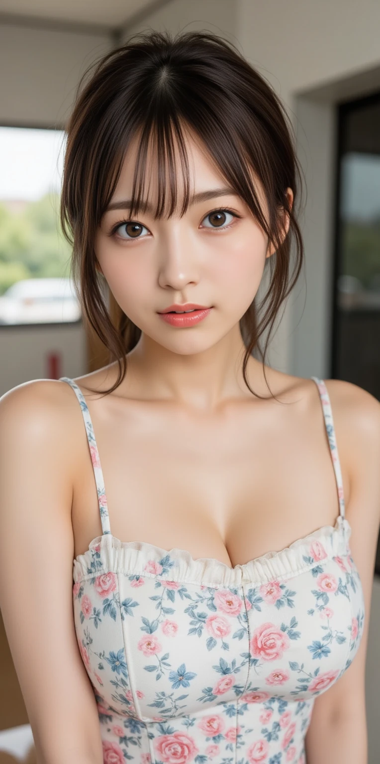 (Photorealistic、Masseter muscle area、Highest quality、High resolution、RAW Photos)、（full body, no cloth, glamorous body）Realistic、Bright lighting、Face Light、Smooth Professional Lighting、pretty girl、Beautiful woman、Modeled、gravure、natural makeup、so beautiful、Realistic and beautiful skin, Beautiful and detailed、Detailed face、Large Breasts++、Cleavage、(Random Hairstyle、random colored hair、bangs, Brown eyes, sexy face, looking at the camera)、take a picture, Seductive Pose, cowboy shot, angle from below, (high quality lingerie, Luxury lingerie,Random Color Lingerie) ,dynamic pose,look of impending kiss+++