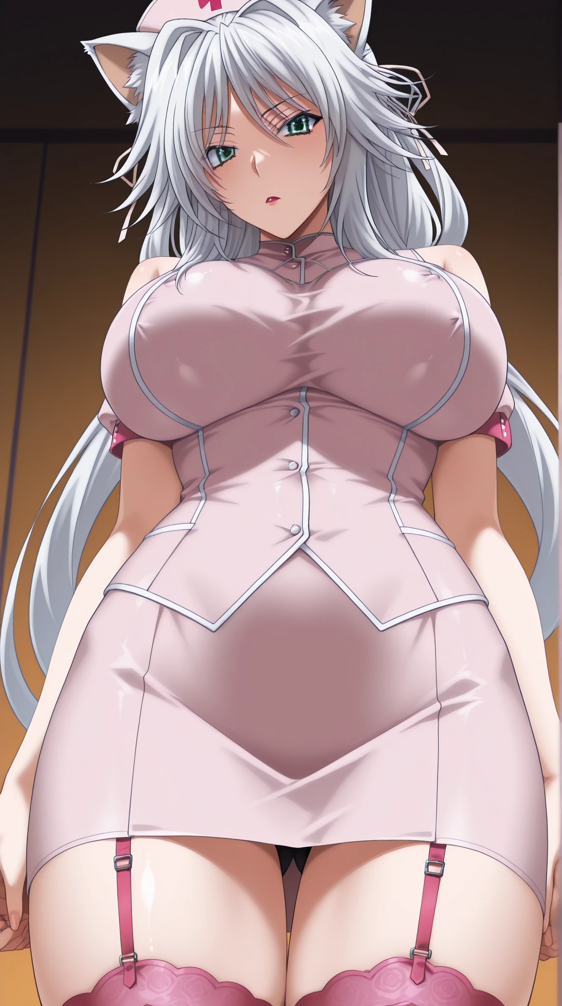 Long hair,Pink Eyes,Silver Hair, 1 girl, 18 years old,Young women,Beautiful finger,beautiful long legs,beautiful body,beautiful nose,Beautiful character design, Perfect eyes, perfect 脸, best quality, (8k), (4K),(masterpiece), (best quality), Extremely detailed, Game CG, Wheels within wheels, Super detailed, illustration, Beautiful Body,Beautiful nose,Beautiful character design, Perfect eyes, Perfect face, 1 Girl, Open your mouth, blush, Huge breasts, Smile, wedding dress_Light blue underwear_Lace