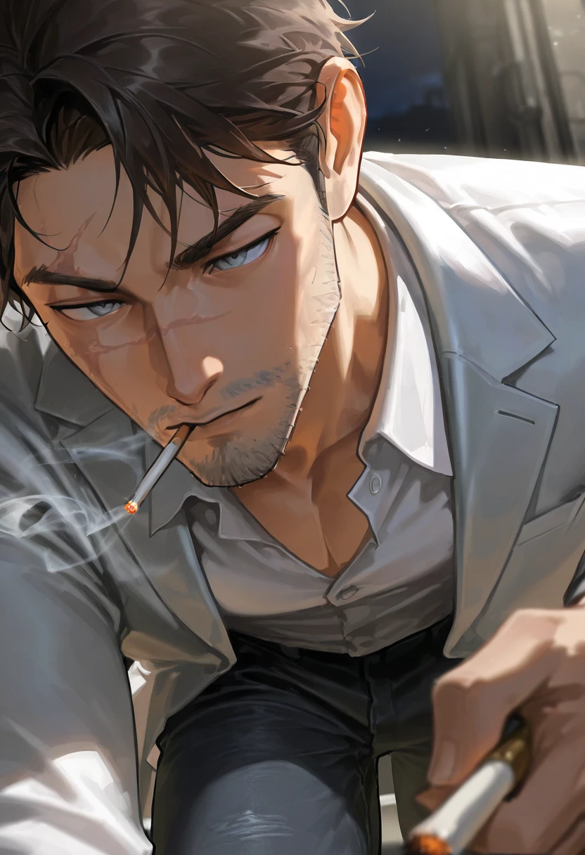 ((masterpiece, best quality), (anime), (close-up:1.36), (head-shot:1.36), (from front, facing front:1.15), (cigarette), 1man, male, solo, smoking a cigarette, black hair, facing front, facing front
