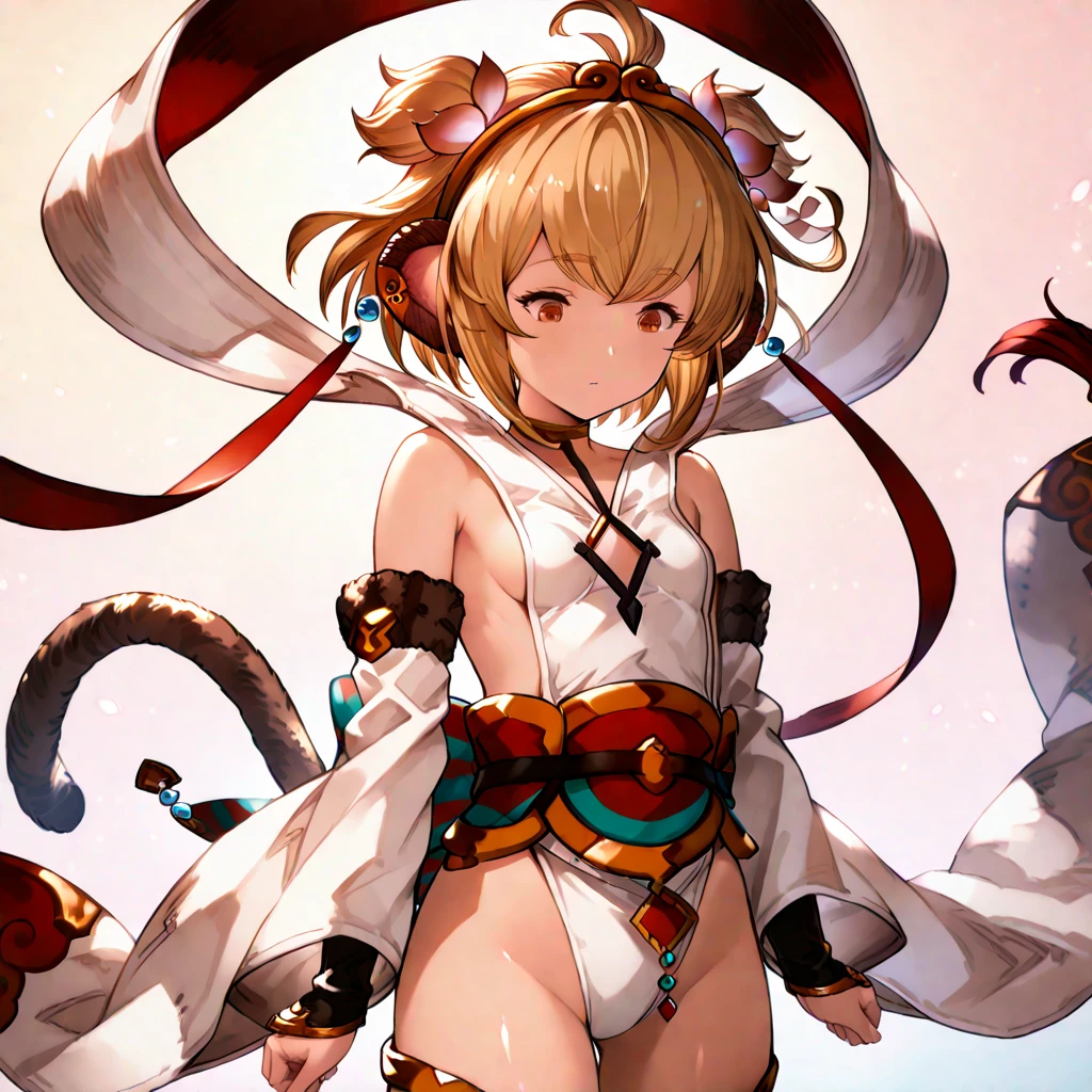 masterpiece, (detailed, highres, best quality), 1girl, <lora:gbfAndira-10:1> andiradef, hair ribbon, two side up, monkey tail, detached sleeves, thighhighs, white leotard, sash, choker, shawl, hagoromo, cleavage cutout, white background