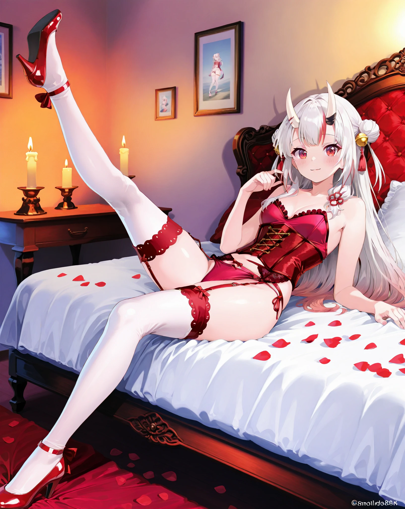 ta, white pantyhose, succubus,, nudity, lying in bed, sticking out her tongue, quadratic, tattoo with love on the lower abdomen