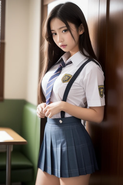 (reality: 1.4),highest quality, masterpiece, high detail, 16K quality, beautiful, 1 beautiful girl,japanese,super beautiful face,baby face,japanese idol face,cute face,super detailed face,detailed hand,beautiful skin,oily skin,big eyes,profeccional lighting,long hair,black hair,brown beautiful eyes, smile,standing, (skirt lift),big breasts,(sailor suit),(checked skirt),white panties,(showing panties),black high socks,spread legs, she is looking at the camera,classroom, nsfw,back shot,