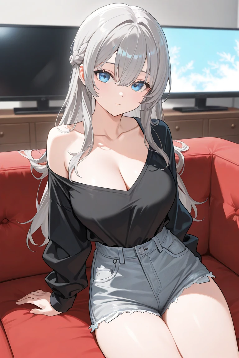 1girl, theresa apocalypse, erotic, hair flower, mature female, hair ornament, flower, earrings, lace tank top, micro shorts, head tilted, glossy skin, hair ribbon, ambient lighting, indoors, living room, sitting on couch, <lora:Char-Honkai-Theresa:0.8>