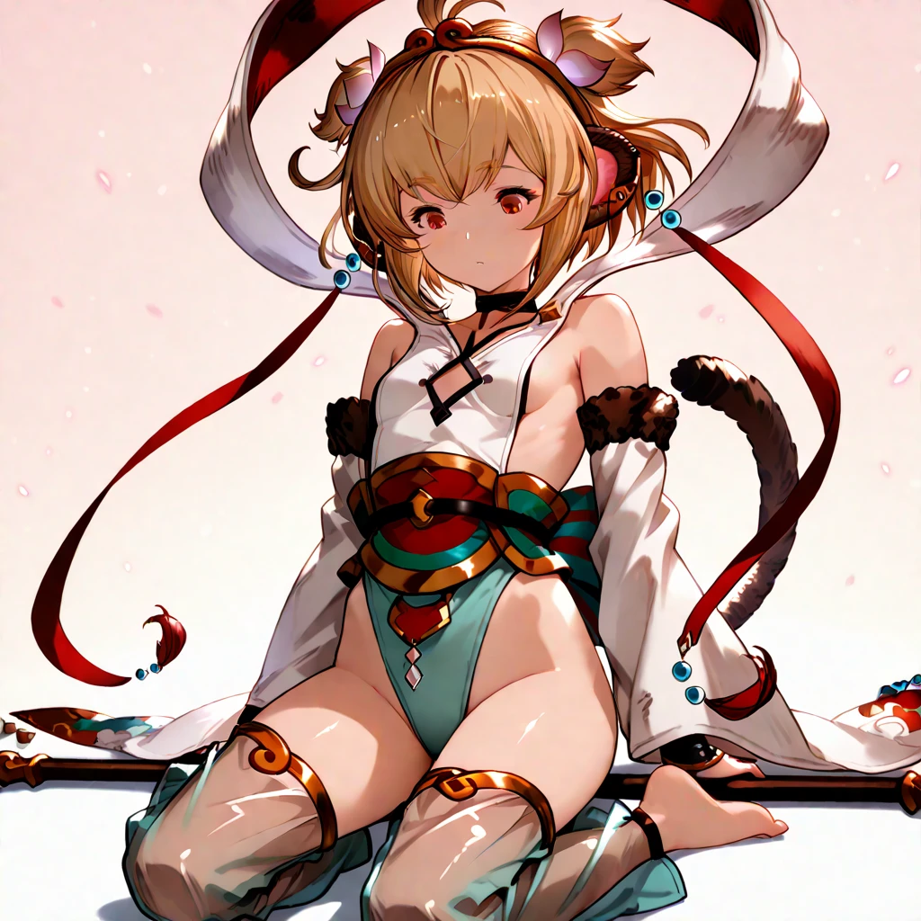 masterpiece, (detailed, highres, best quality), 1girl, <lora:gbfAndira-10:1> andiradef, hair ribbon, two side up, monkey tail, detached sleeves, thighhighs, white leotard, sash, choker, shawl, hagoromo, cleavage cutout, sitting on pole