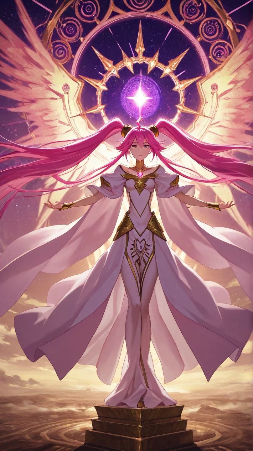 A majestic anime empress with long high twin-tails and a single ahoge strand glowing with divine light, standing alone atop a floating throne in the sky. The ahoge moves on its own, radiating ethereal energy. Her outfit is elegant and regal, adorned with gold ornaments and flowing capes. The sky behind her swirls with cosmic patterns and divine light. She gazes down with absolute authority, embodying the Twin-tail Empress of Dimensions. Epic, fantasy anime atmosphere.

