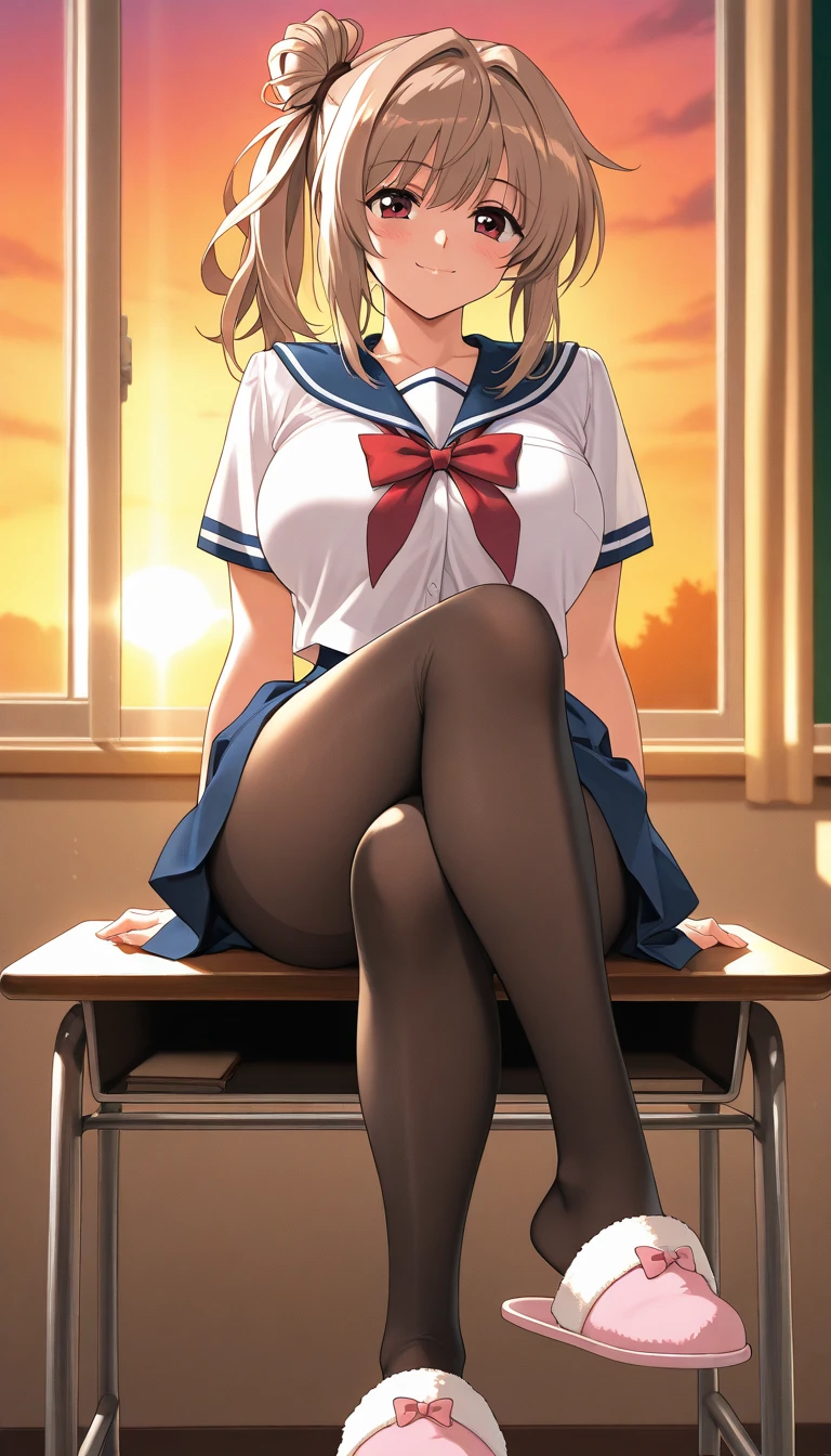 solo, 1girl, medium breasts, sailor suite, serafuku, school uniform, pleated skirt, (white kneehighs), (M-shaped legs are spread:1.3), white panties, shy, blush, full of sweat, wearing sweat, endured face, wet, sweat, classroom, hight resolution, top-quality, ultra-quality, The ultra-detailliert, extremely details CG, detailed portrait, beautiful detailed eyes, delicate skin texture, slight makeup, teary eyes, subtle blush on cheeks, overwhelmed emotions, gentle sweat droplets on forehead, lighting like a movie, vibrant colors, high contrast, intimate lighting, soft lighting