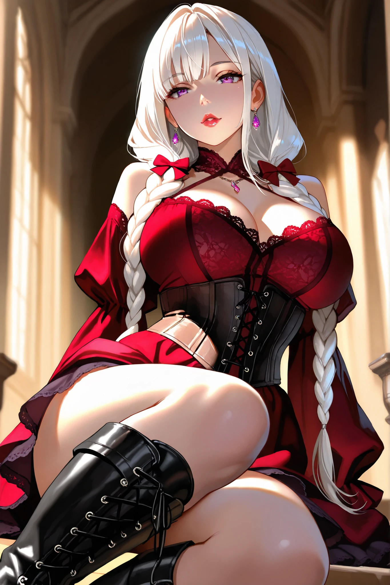 (((masterpiece,high resolution,best quality))), 1girl, solo,wine bottle,bare legs, large breasts, lying, on back, petals, looking at viewer, armpits, open mouth, solo, blush, wet clothes, heart, arms up, wet, bed sheet, origin, 1girl, red cape, boots, gloves, epaulettes, black corset, corset, black gloves, :d, black skirt, Pirotess, (yellow eyes), white hair, silver hair, very long hair, straight hair, solo, adult woman, tall, slightly muscular, large breasted, cleavage, constricted waist, Toned body, slight abs, thin dark skin, pointy ears, lipstick, makeup, black eyeshadow, circlet, white short dress, jewelry, bracelet, white gloves, thigh boots