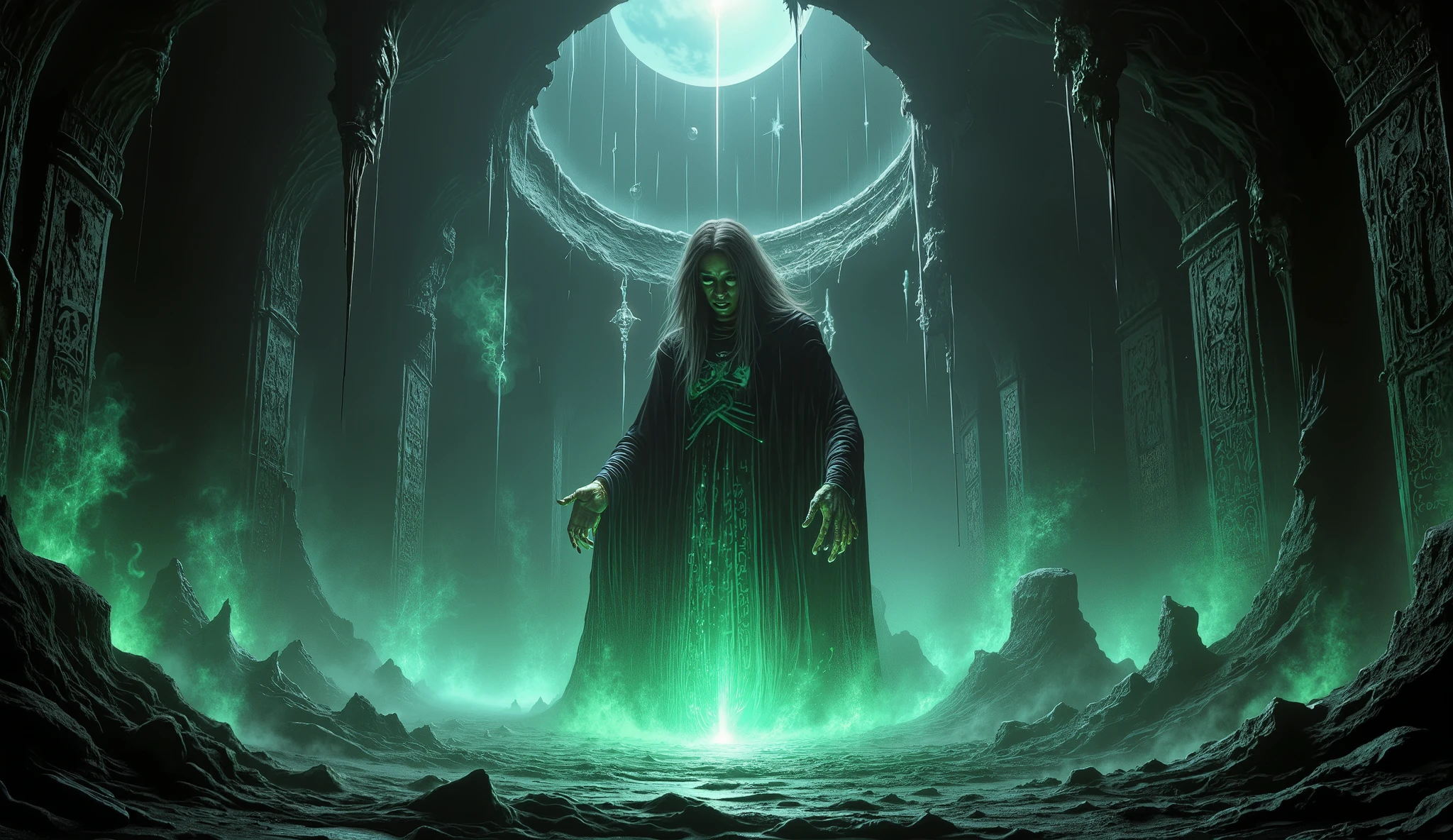 Witch performing a dark ritual, occult horror style, ancient symbols, glowing runes.