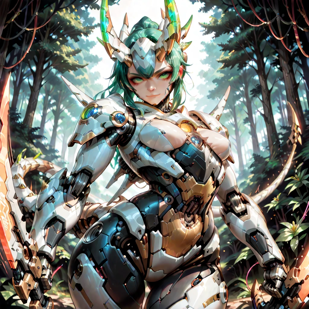 A female robot with large robotic breasts and a large green and red mechanical butt with a metallic face in a Mayan jungle and injured eyes