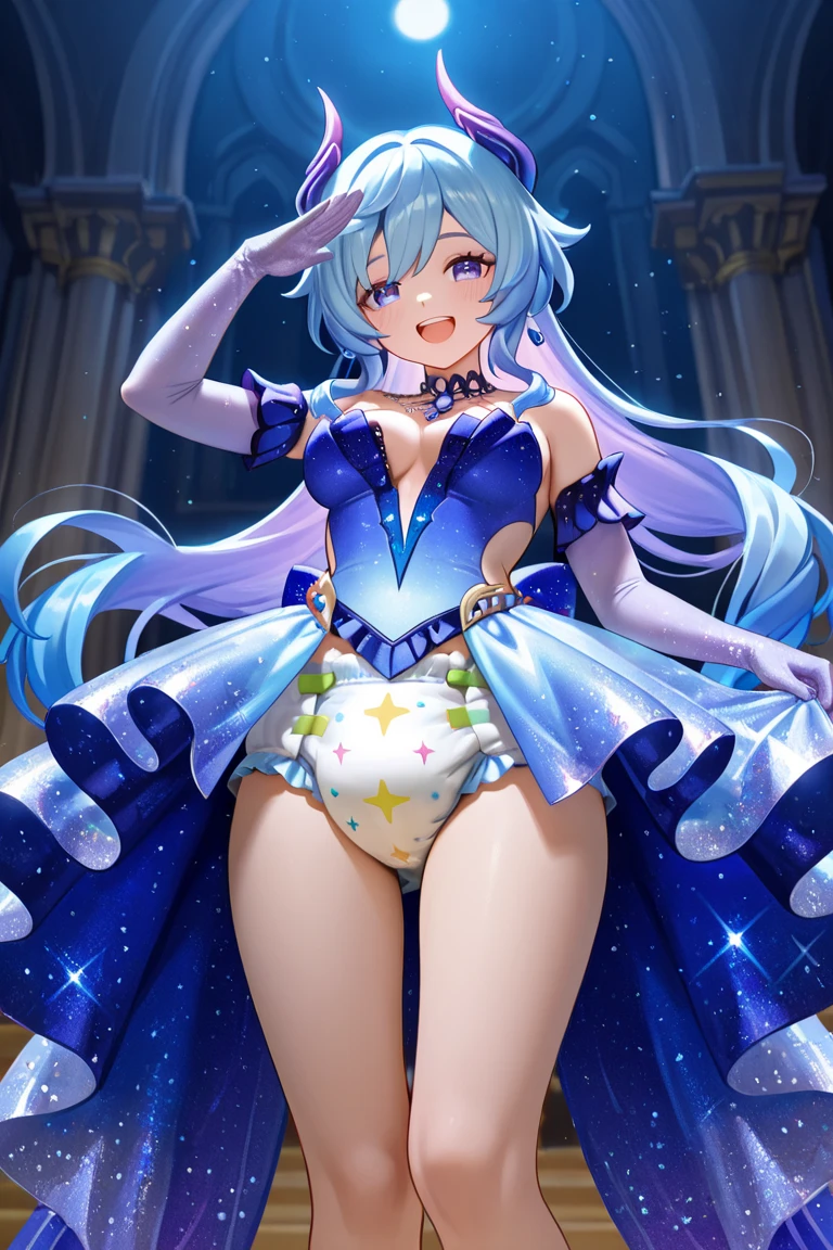 Super Idol A charming smile、Blue Long Hair、Twin-tailed、Engaging pose、Yellow and white leotard costume、Crystal jade、constellation、a moon、Fantastic background、
