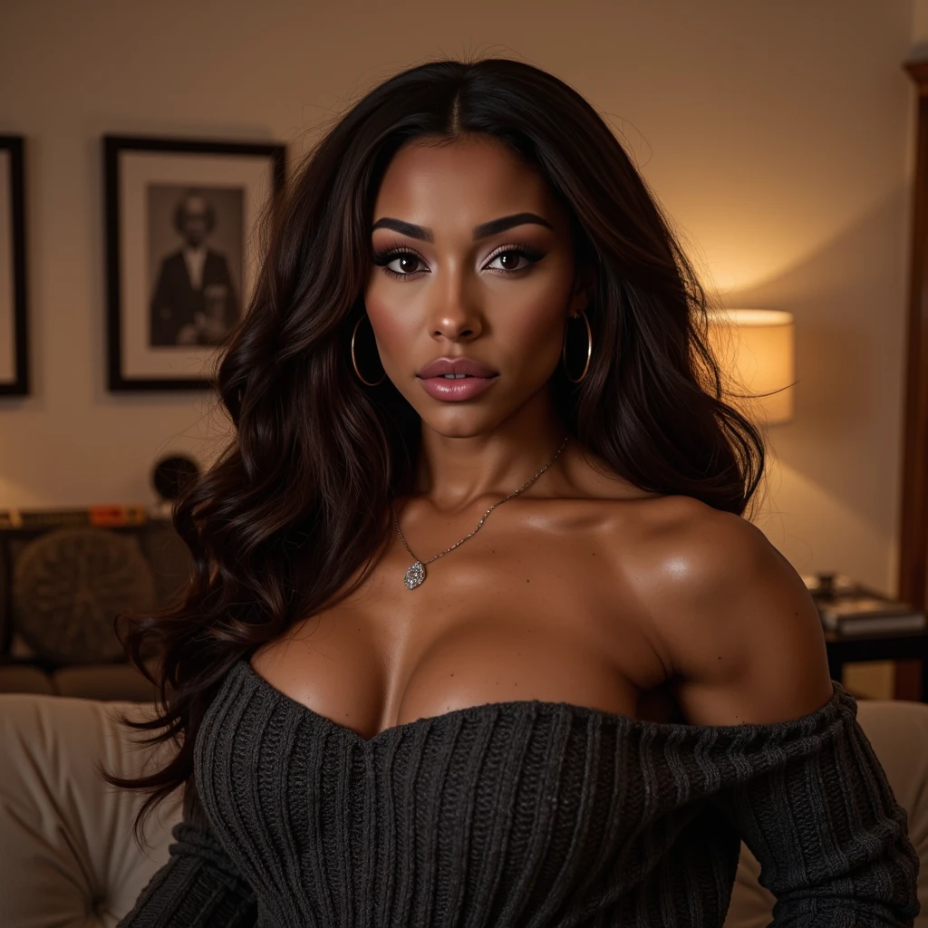 A beautiful African influencer, young African woman named Jada Aurelie Naya Toure. She has long, smooth black hair with brown highlights, large brown eyes, and caramel-toned skin. She stands 1.70 meters tall and has a modern, trendy fashion style influenced by urban and African cultures; (((nsfw, oversized sweater, sexy, slim))), , (((Innocent face, smiling, happy, joyful)))big breasts, masterpiece, best quality, ultra-detailed, bed, warm and dark, (night), nature, shadows, Contrast,, close up, cinema light, side lighting, Ultra high resolution, best shadow, raw, face part of the body, serious look, normal breasts, 4k,