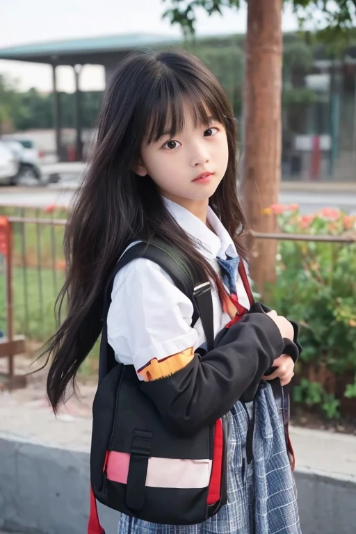 A 14-year-old junior high school girl with long black hair wearing a sailor suit..