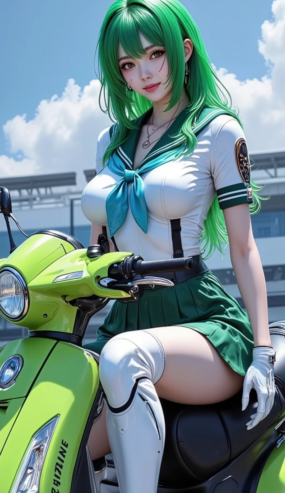 Girl with green hair, Sitting on a motorcycle, Orange is good, Orange panties, Green leather jacket, Black sunglasses, big breasts, Photorealistic, 8K quality, background for photo studio