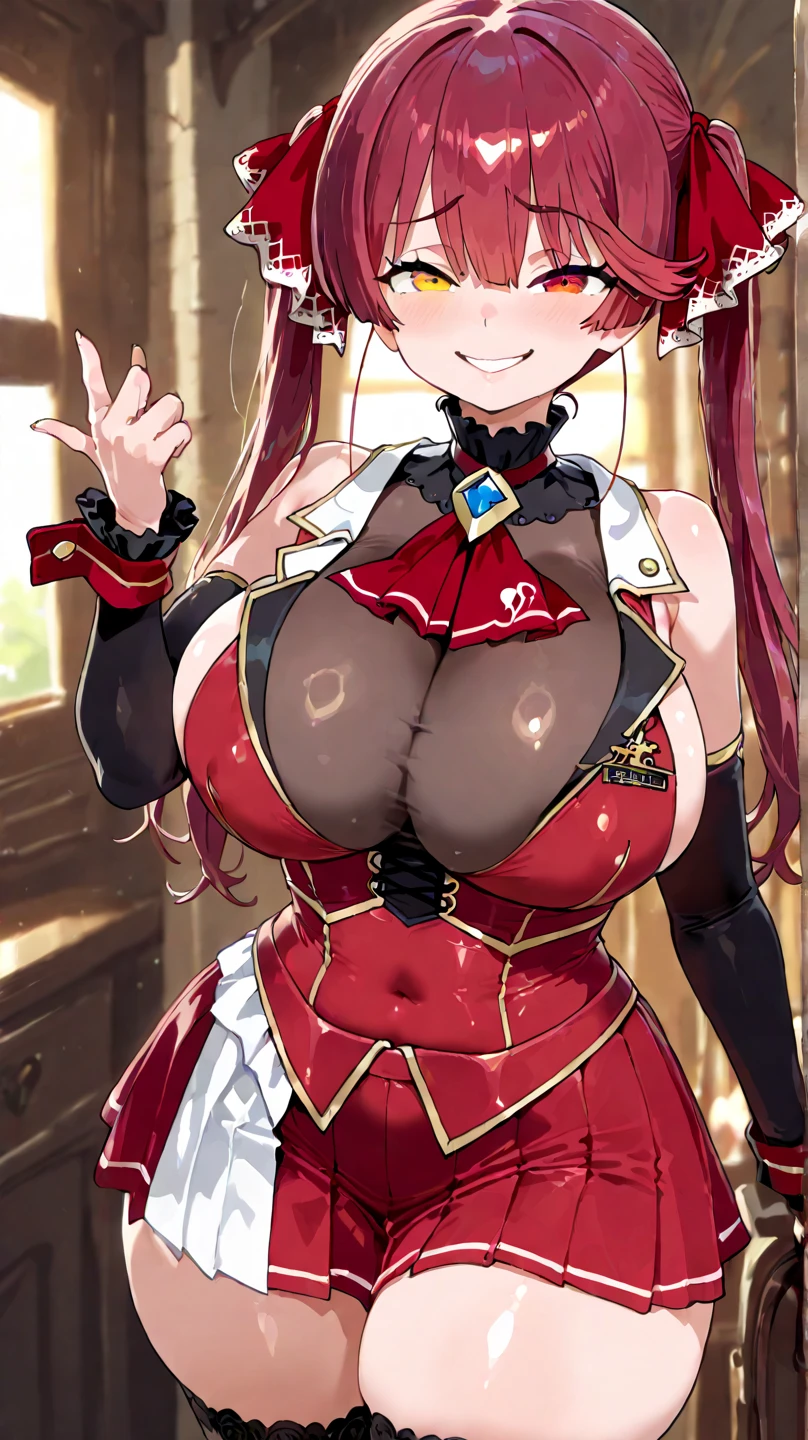 blush, cleavage,glowing aura, natural light, masterpiece,  glossy skin, juicy lips , ,sexy, hot, , cleavage, evil,juicy lips, bimbo, hour glass, brown hair, red eyes,  wide eyes, red eyes, massive boobs, long hair, chains, shadow in eyes, bright blush, heart in eyes, ,((wide smile)),,  brainwash,, standing, latex, amber lighting