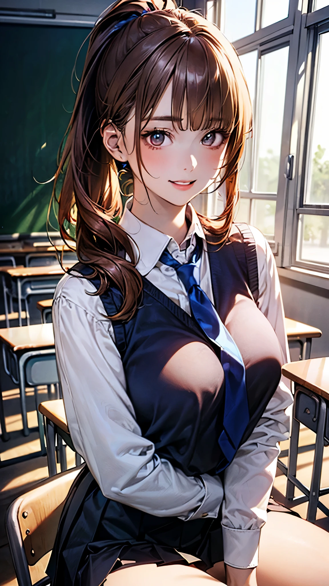 (masterpiece:1.2, top-quality), (realistic, photorealistic:1.4), beautiful illustration, perfect lighting, 
looking at viewer, 1 girl, high school girl, perfect face, cute and symmetrical face, exact number of fingers, exact number of legs, exact number of arms, shiny skin, 
(long hair, ponytail, brown hair), bangs, blue eyes, long eye lasher, (large breasts), perfect body, slender body, (perfect hands, perfect anatomy), 
beautiful hair, beautiful face, beautiful detailed eyes, beautiful clavicle, beautiful body, beautiful chest, beautiful thigh, beautiful legs, beautiful fingers, 
((red bow tie, black jacket, open jacket, white shirt, black plaid skirt))(stylish pink satin panties:1.4), (stylish pink lace bra), thighhighs, (flip the skirt yourself:1.4), (shirt lift:1), (show off bra:1), (show off panties:1.2), , open shirt, 
(beautiful scenery), evening, (classroom, lots of students:1.3), (woman is inviting sex with her sexy pose:1.1), (blush:1, embarrassed expression),
