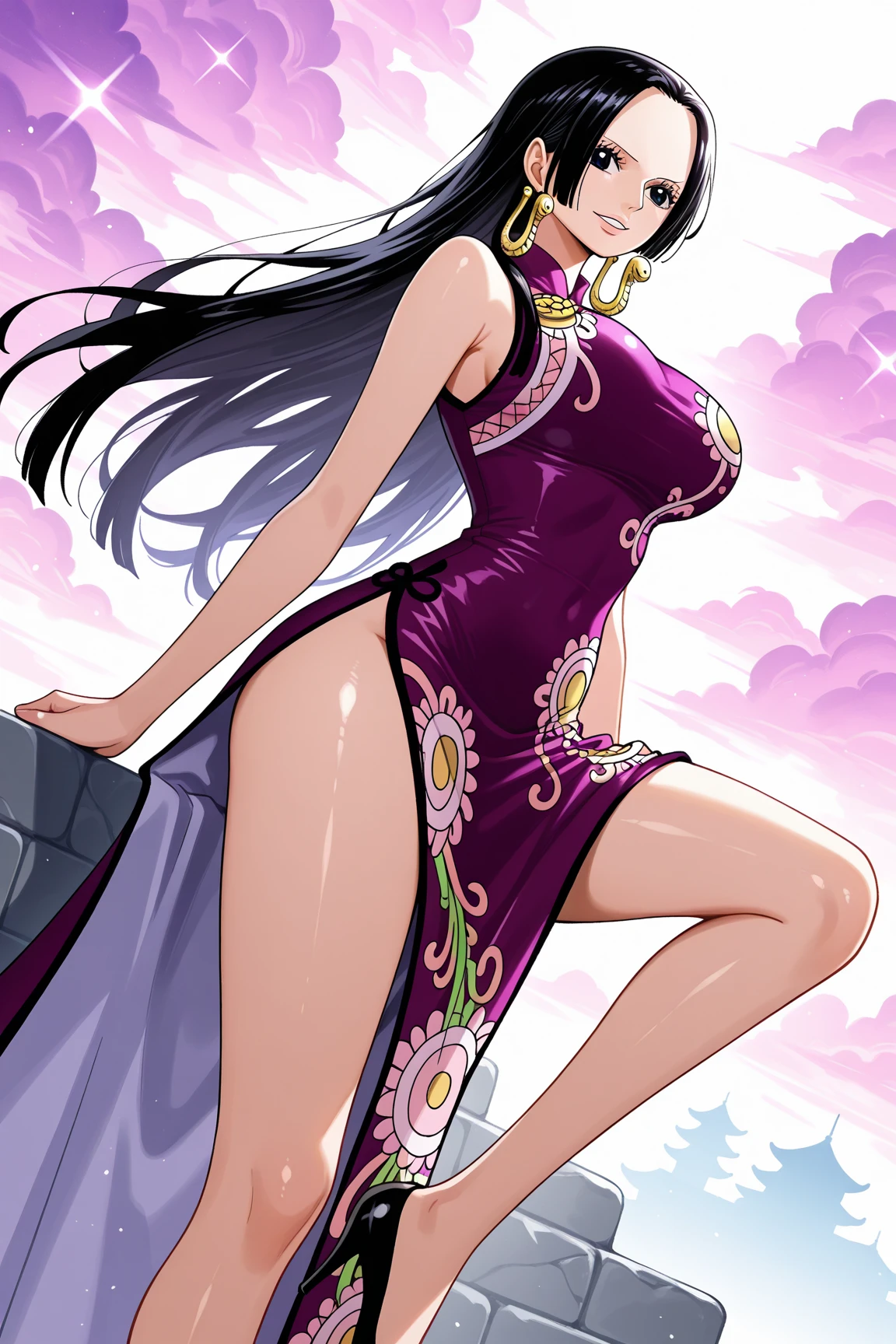 girl, nico robin, one piece, a beautiful attractive woman in body stocking suit, micro T-string , intricate chain jewelry suspenders, beautiful round breast, cleavage, chest press together ,medium long shot ,elegance pose, Intricate designs and patterns in the style of Alphonse Mucha ,Art Nouveau flowery background, black wavy hair,long earrings,red lipstick 