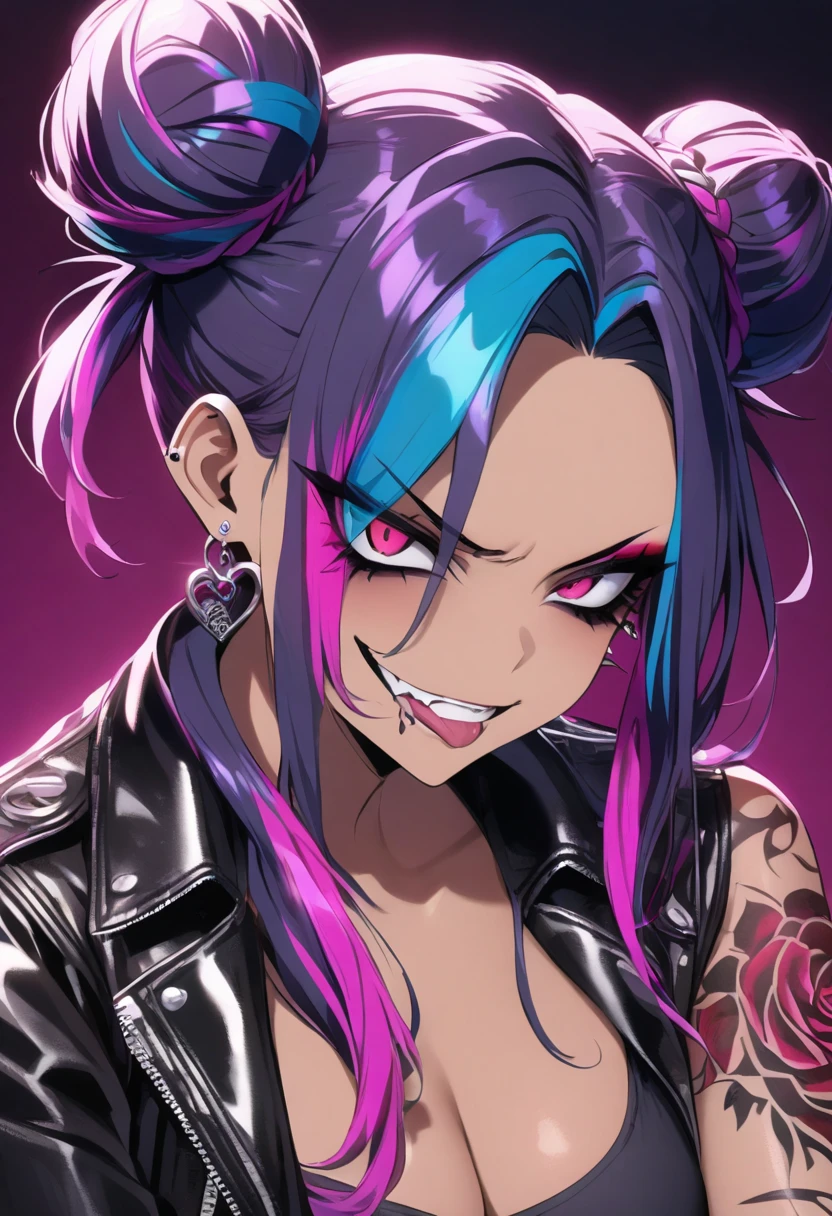 detailed face, 1girl ,mohawk with shaved sides, bright gradient hair, goth makeup, alt, outdoors, abandoned street, collar, perfect breasts, rainbow jacket, rainbow bra, bright eyes, grin, head tilt, eyes closed