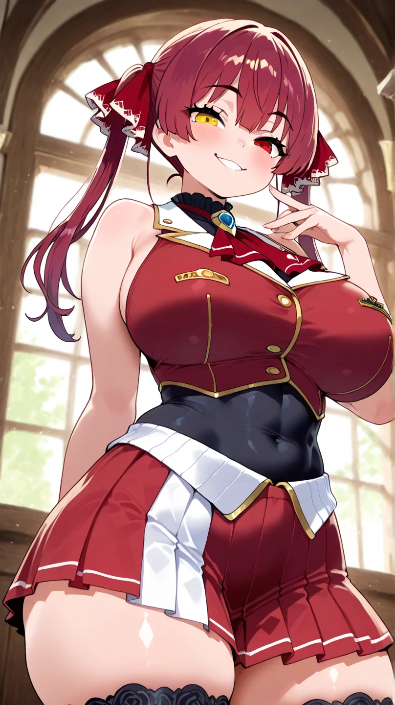 masterpiece, best quality, highres, miko3, 1girl, sakura miko, solo, green eyes, ahoge, cleavage, pink hair, neck bell, cat hair ornament, short shorts, bangs, hair between eyes, two side up, red shorts, red shirt, medium hair, black choker, pom pom hair ornament, short sleeves, cross-laced clothes, bare shoulders, thigh strap, wrist cuffs, hairclip, field, grass, standing, cowboy shot, leaning forward, smile,