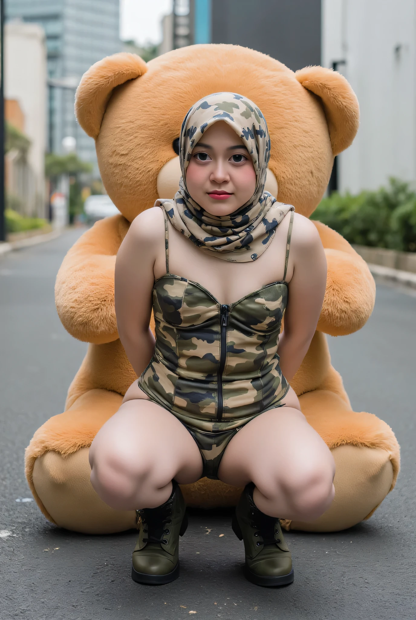 MALAY SCARF HIJAB GIRL WEARING camouflage print PLAIN STRAPLESS CORSET AND MINI PLAIN PANTIES , (realistic, photo-realistic:1.4), ((Flat Chest)), ((TEARS)). KEDUA BELAH TANGAN DILETAK DIBELAKANG PUNGGUNG', background Di tengah Kota Yang sepi Di negara jepun, TEDDY BEAR SANGAT BESAR MEMELUK SAYA DARI ARAH BELAKANG , C camouflage boots and squatting.