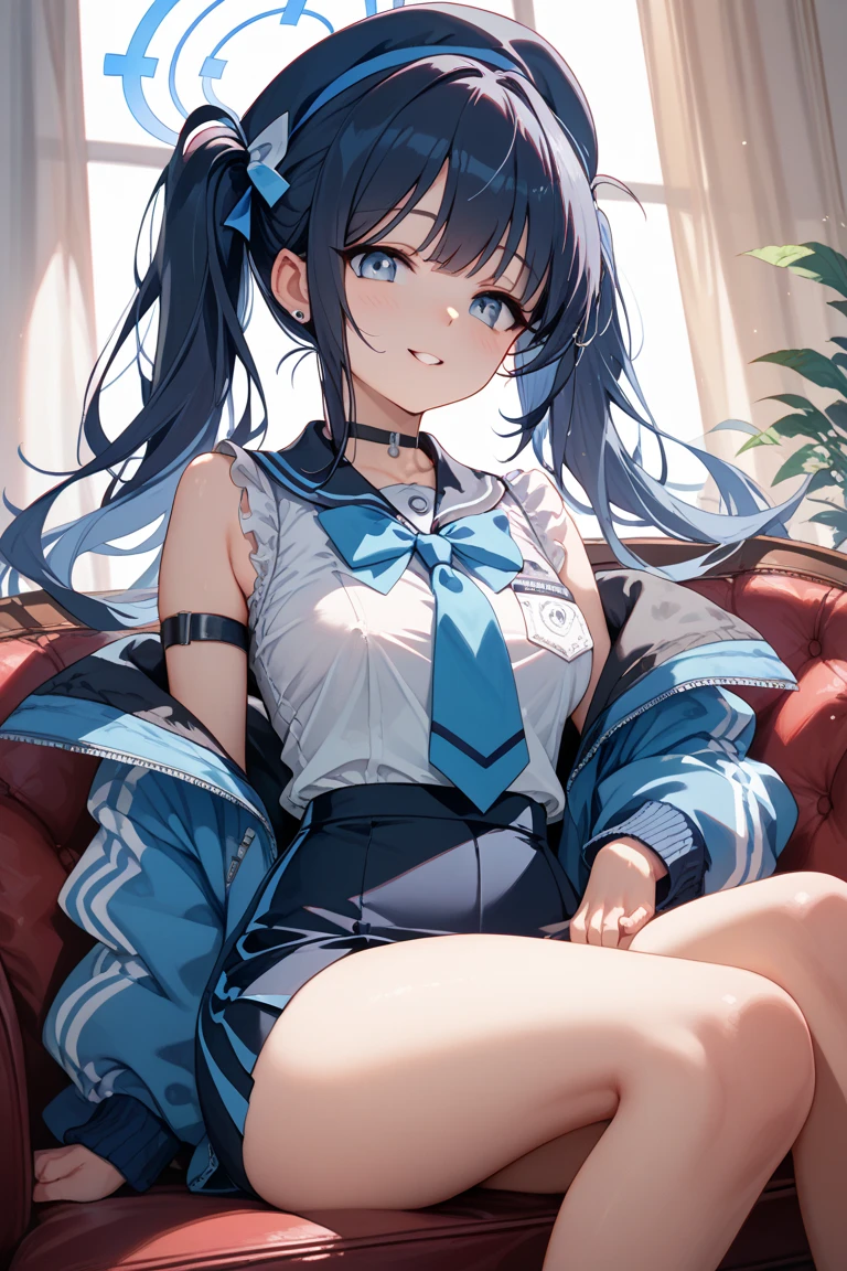 1girll, sitting down on the floor, Place your phone to your ear, Blowing hair, Long hair, blue color eyes,Shining eyes,Detailed eyes,Skirt, Solo, upper legs, Sailor school uniform, navel, Pleated skirt, midriff, Blue eyes, White shirt, Collar, Smile, Medium breasts, view the viewer, Open mouth,,Large breasts,