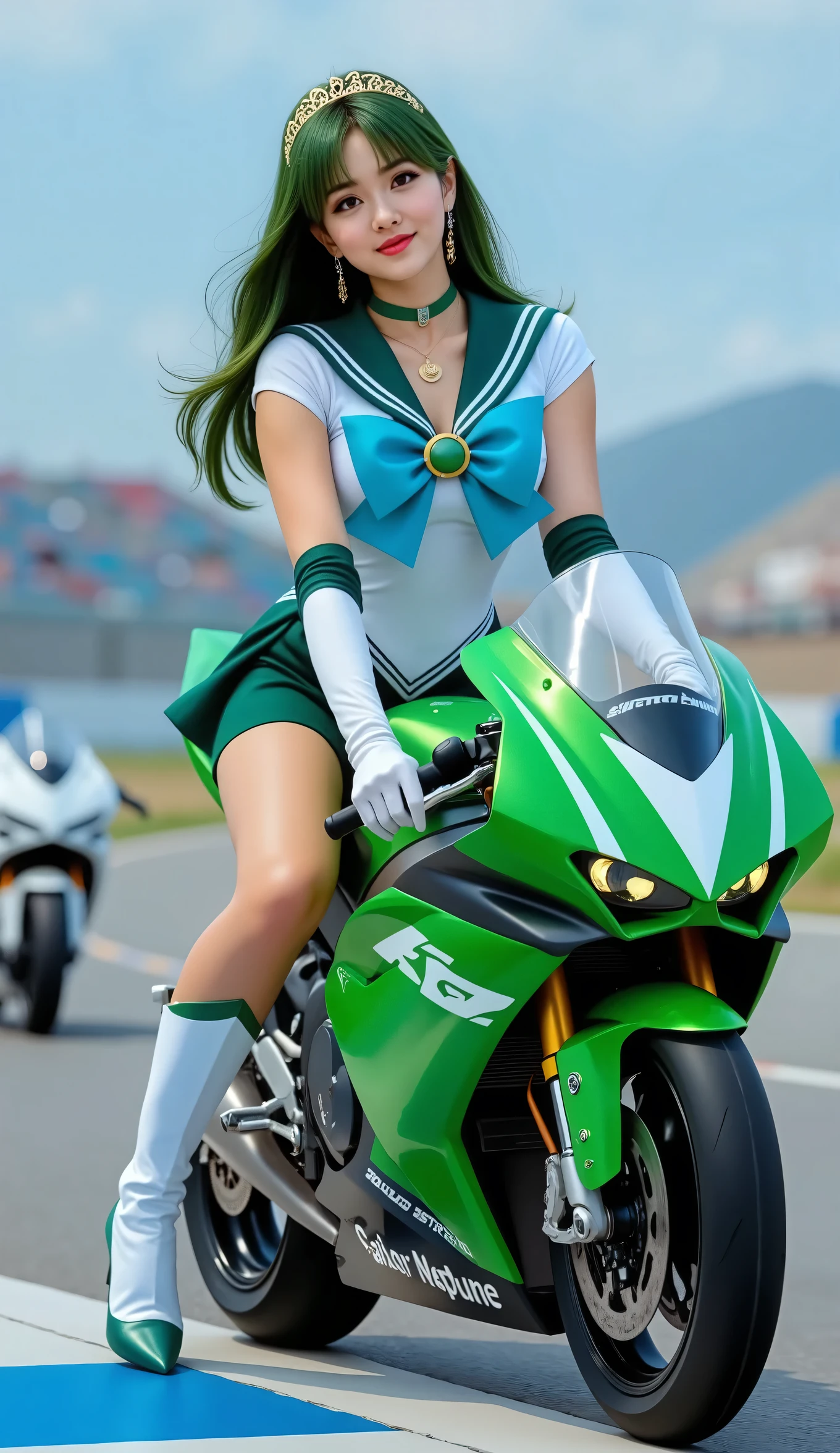Masterpiece, 8K, Best Quality, Intricate Details, Ultra Details, Very High Resolution, ((Bright Yellow Eyes: 1.21)), ((Woman: 1.2)), HDR, Ultra Details, EF 24-70mm f/2.8L II USM, Best Quality, High Quality, ((Photorealistic: 1.4)), ((Skin Detail: 1.2)), ((Natural Green Hair: 1.1)). 1 girl, large breasts, colossal large breasts, 19 years old. A young girl wearing a Sailor Neptune costume is riding a GP Motorcycle outdoors. Honda RC213V motorcycle, Details of reddish skin, green hair, long hair, long hair down to the back, wavy hair, smiling softly with a calm and confident expression. She wears a sailor outfit, a tight white shirt, short sleeves up to the shoulders, a green sailor collar with two white stripes, a blue bow tie on her chest, a large blue ribbon on her back, a green mini skirt, a green pleated skirt, a tight mini skirt, white gloves, long gloves, knee-high boots, white boots, earrings, a tiara, characteristic of Sailor Neptune, inspired by the Sailor Moon series. A green motorcycle, a GP model motorcycle, a motorcycle with the words "SAILOR NEPTUNE". Background: a realistic motorcycle racing circuit. Lighting: daytime, natural light creates a cool and fresh atmosphere. Pose & Composition: The subject of the motorcycle appears to be moving forward. Both hands are holding the scooter handlebars. The camera is positioned in front of the subject, capturing the image from a low angle and slightly tilted to the left. Realistic