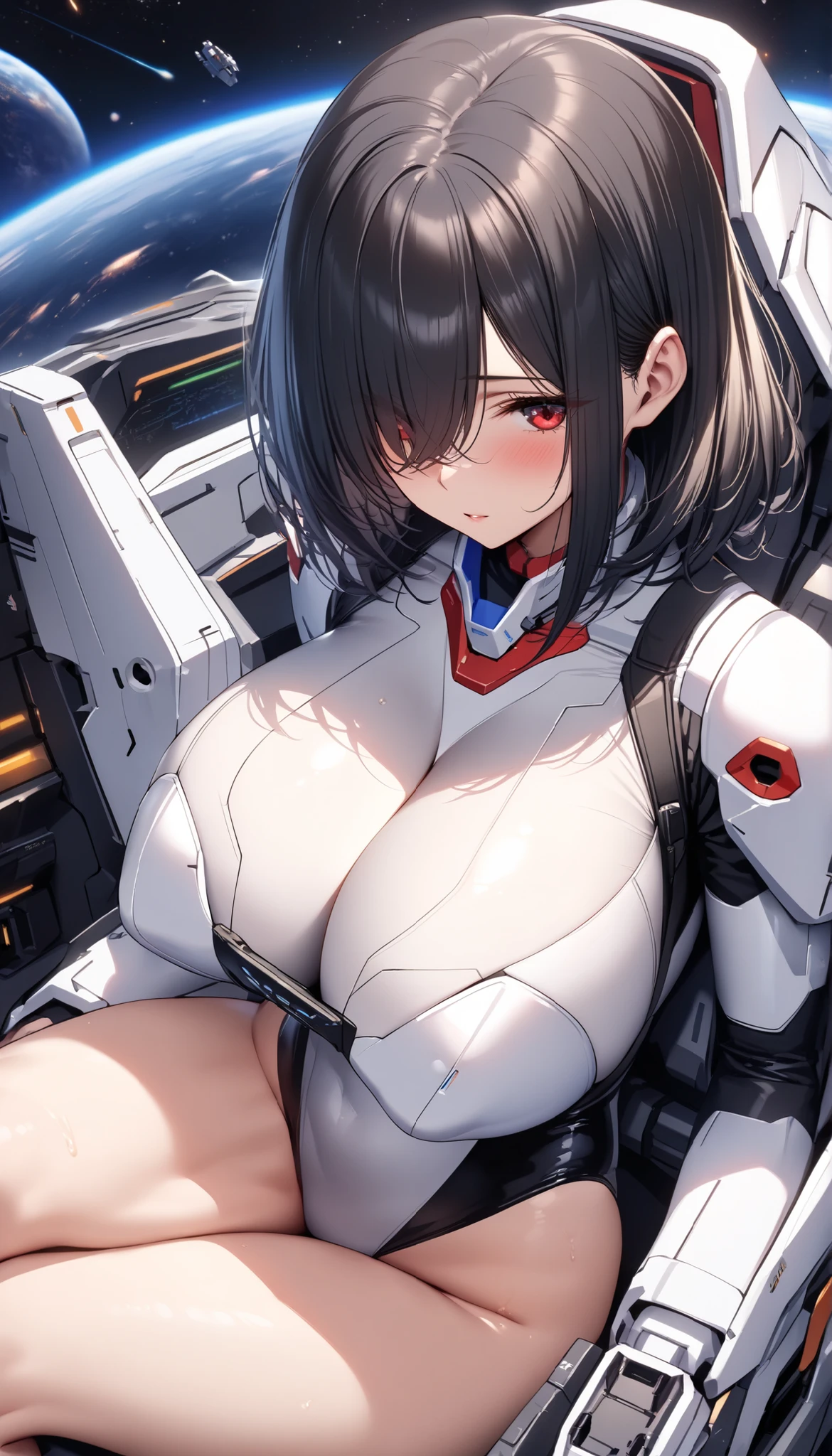 Dark gray translucent mecha,Full body mecha,Long black hair,Wavy hair style,Huge Breasts,cleavage,Pistol hanging from waist,fighter pilot,fighter hangar,sexly,Lipstick,Gray eyes,stockings,Short skirt,Smile,earrings,lipstick,Nipple showing,plump figure,Half-length photo,Eye-catching as silk,asthma