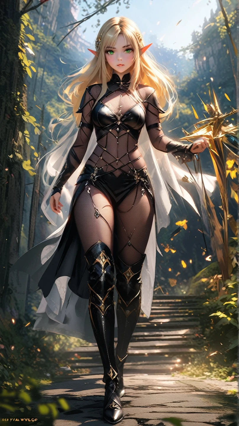 masterpiece, highest quality, Intricate details, Gorgeous blonde elven woman, (mint eye), Celestine Lucullus, Perfect Anatomy, Perfect Face:1.1), ((Huge breasts!!!!!!)),(Huge breasts!!!!), White one-piece uniform, Sharp focus, ((alone:1.4), (Full Body Shot), View your viewers, Ultra-high resolution, (One girl:1.4), Highly detailed illustration, Smooth, Extremely pixel perfect, Detailed Background, art:Wlop と Ross Tran, forest, Fascinating,Venus Body、Wields the legendary sword