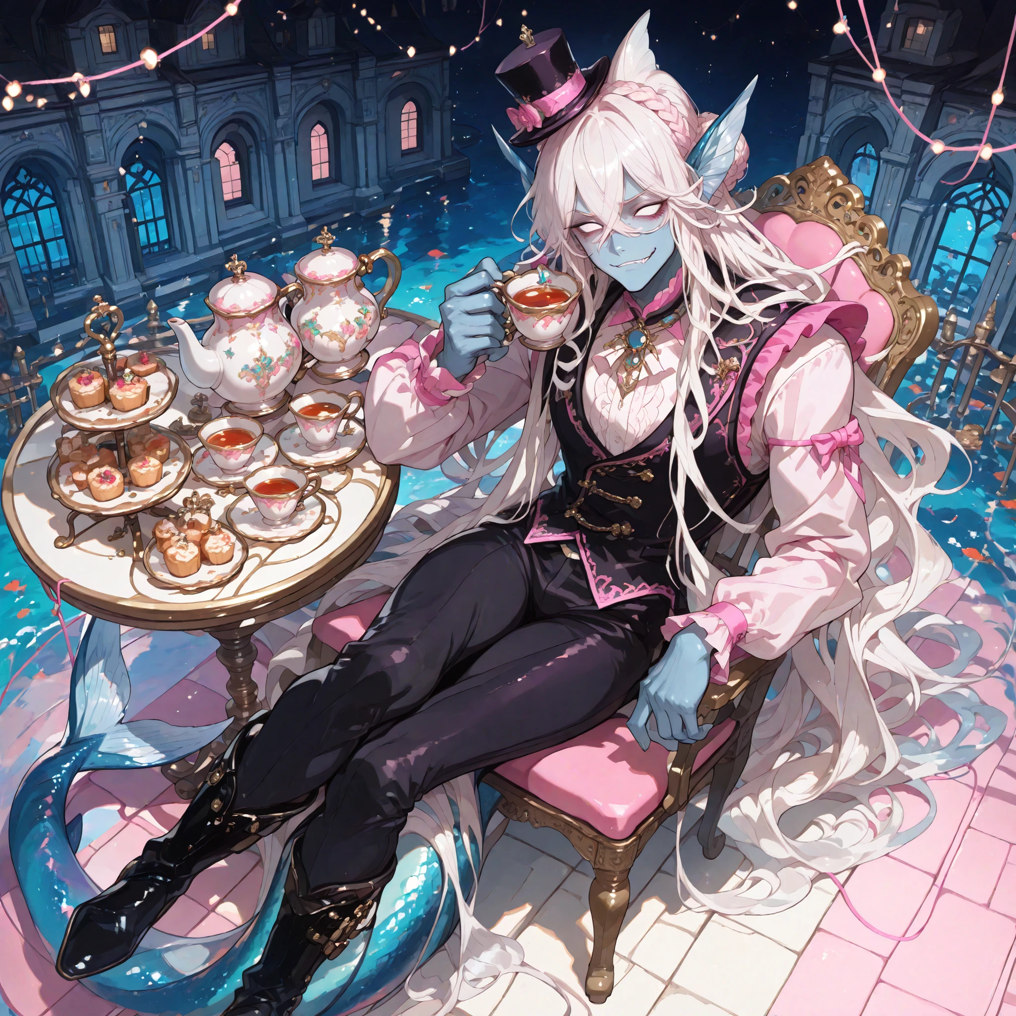 cowboy shot, isometric perspective, from above, legs crossed, leaning backward, (foreshortening,) graceful closed off posture, smug expression, cruel smirk, sitting at table, sitting on chair, holding tea cup, 1 (((man))), naiad, (((no pupils,))) (absurdly long wavy white hair), fanged crossed bangs, crown braid, braided bun, (mini top hat,) blue skin, even skintone, (((merman ears))), pink ((gothic)) regency fashion, long eyelashes, (((masculine build))), black regency boots, waistcoat, (((long))) [skirt], (((legs)), ((pants))), (((handsome))), (((masculine))), manly, sharp lines, rounded shapes, ultra quality, HDR, 8k, kawaii, cel shading, amazing composition, aquatic, underwater, seahorses, seashells, aquatic motifs, royal court, blue ornate architecture, fancy tables, fancy chairs, (((pink string lights))), tea, pastries, tea pot, 