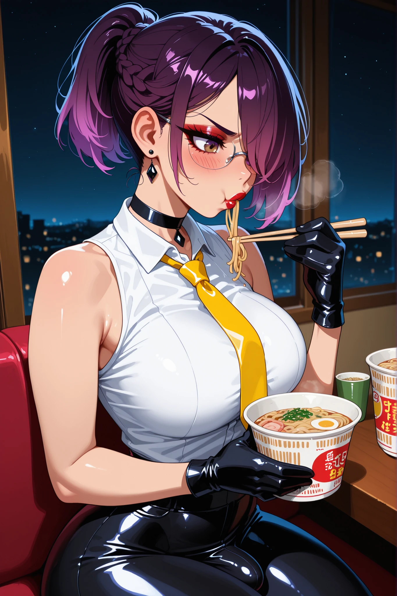 (1 person),(Best image quality, 8k, masterpiece:1.3), Anatomically correct, ((Black hair bob cut:1.1)),(Swept-apart bangs,), (Cute eyes, Dark Eyes), (Mole under right eye), (thin), (Large Breasts),(Glowing Skin:1.1),(Pale skin:1.2),(Fantasy atmosphere),(look up),Ultra-high resolution, Textured skin, Sparkle Effect, Fantasy,Bright Eyes,30 years old,
Black business suit,skirt,Black high heels,Black Stockings,
Luxury Office, secretary,Glasses,
night,night scene,skyscraper,
Wet body,Cleavage,Sweat,
Eating a popsicle,Saliva stringing,
On all fours,
gauze,