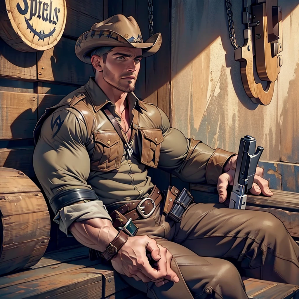Nsfw , totally naked TWOSOME ,mature mEn ,32k, high quality , detailed face , detailed fingers ,detailed muscles, detailed cock , (((stephen amell))) wearing a cowboy outfit , weARING unbuttoned vintage pants showing his cock, shirtless, showing balls and a hard cock, , wearing a vintage cowboy hat , a vintage belt with gun ,showing a dark blond short hair , a thick facial hair , hard nipples, ,hunk and handsome, laying on his back in the hay in a stable , spread legs showing his cock , volumetric lighting, Masterpiece detail stable