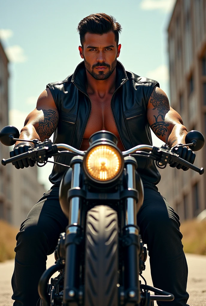 arafed man with a tattoo on his arm leaning on a motocicleta, picture of a male motociclista, motormotociclista, strong masculine traits, Monochrome photo, motociclista, dressed in motociclista leather, motocicleta, Lt. Adam Marczyński, por Eugeniusz Zak, obra de arte, tom of finland style, pose masculina