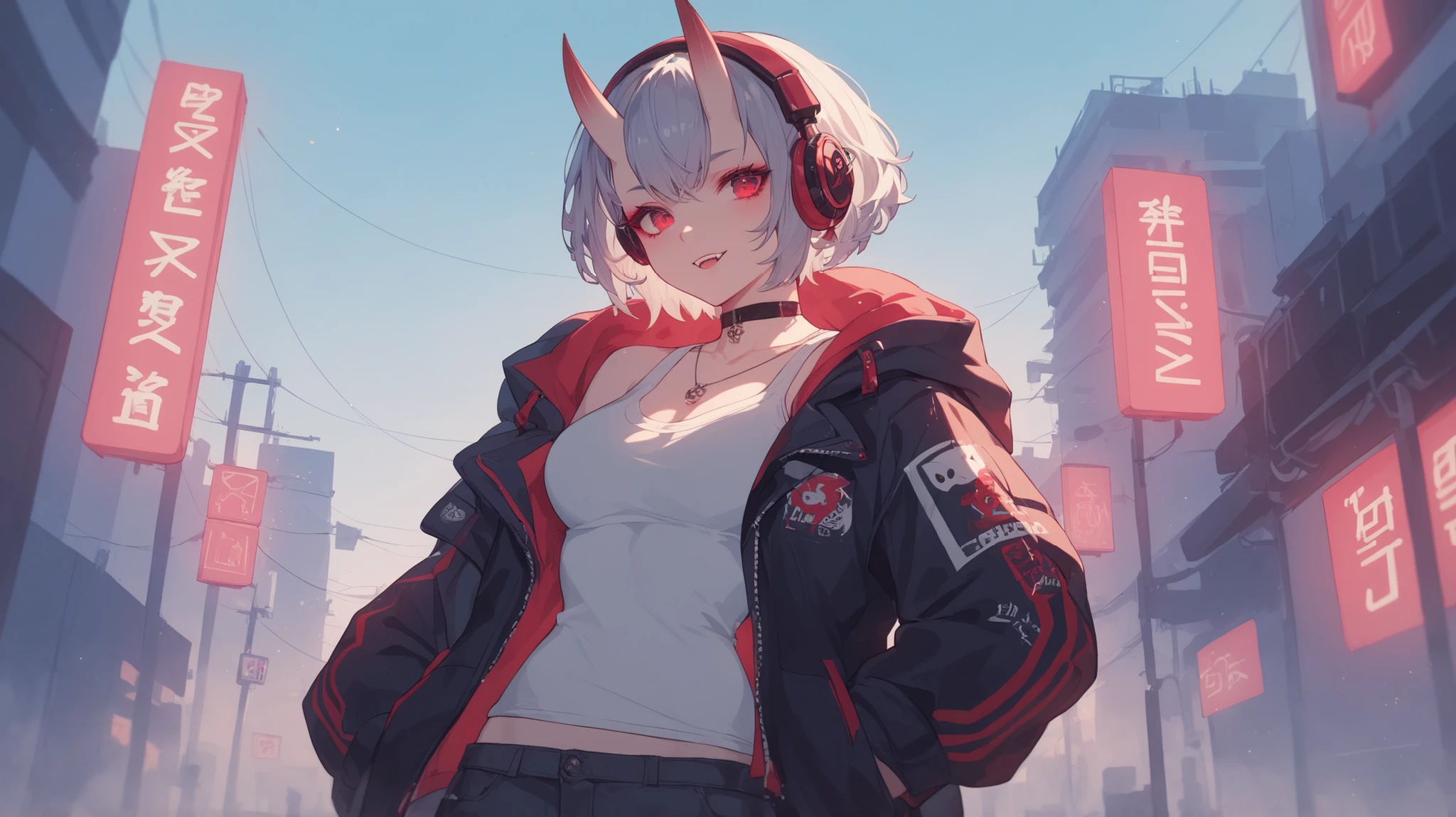 Anime-style full-body (cowboy shot) of a 17-year-old female Oni with silver hair, red eyes, small demon horns, and wearing bright red headphones. She has a teenage look, dressed in a casual jacket with a hood (hoodie), urban streetwear style. Slightly mischievous or aloof expression. Background simple or softly blurred. High-detail shading, clean line art, vivid colors, night city on background
