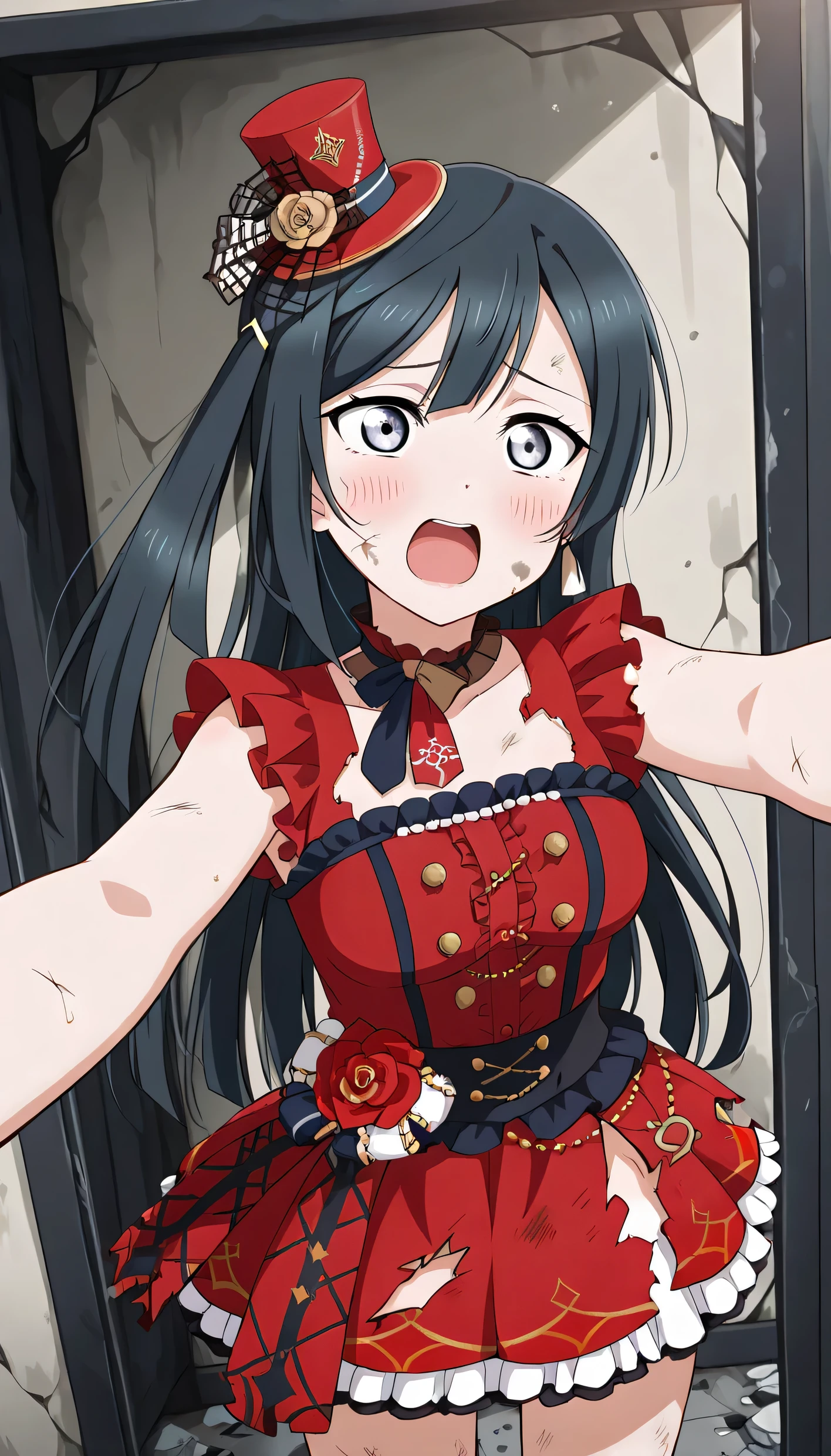 An image of Yuki Setsuna ,  furious ,  dirty face , broken Idol red dress , torn red skirt , a very torn mini top hat, stop , selfie, room. Thin waist and long slender legs. Background of a destroyed city 