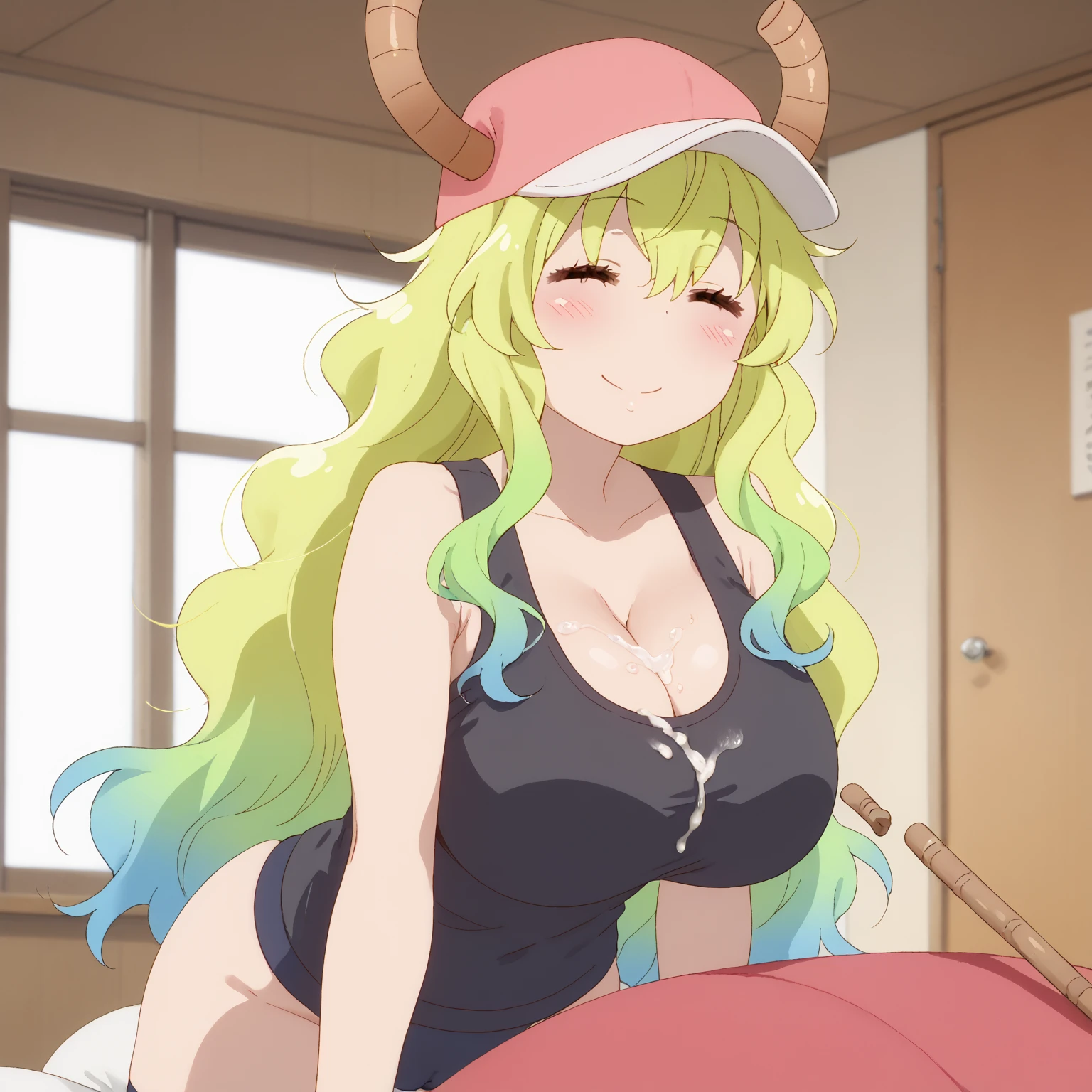 1 girl, alone, lucoa, bikini black, black bra, black thong, huge breasts, medium waist, wide hips, medium thighs, round butt, long hair, blush, smile, hat, closed mouth, closed eyes, horns, baseball cap, pink hat, horns through hat, arms behind back, looking at viewer, standing, space between thighs, sexy body, perfect hands, perfect anatomy