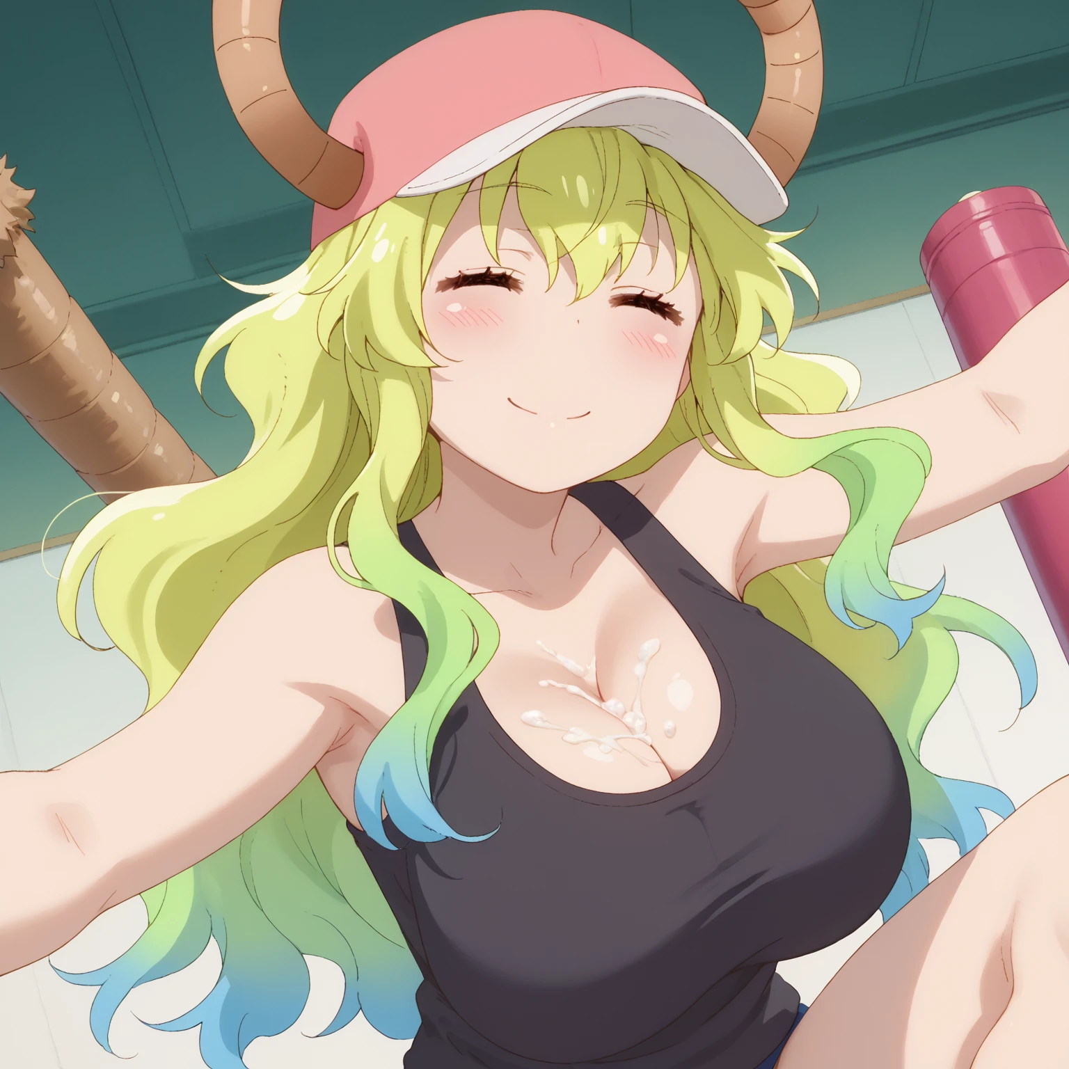 Tohru, ojos detallados, cuerpo completo, tank top,Licking Popsicle, Cleavage Bulge, oral invitation