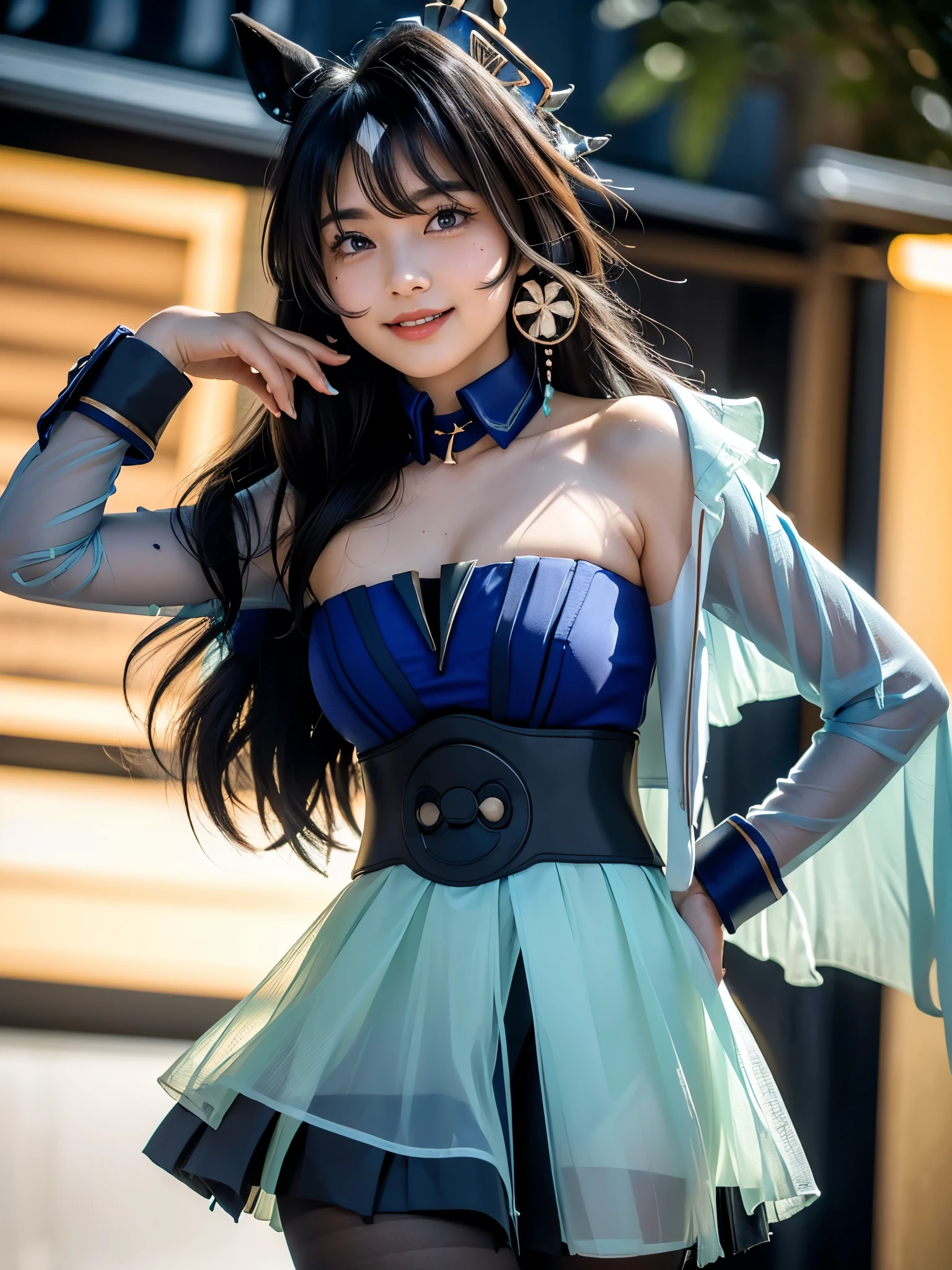 (best quality,ultra detailed,highres,HDR,8k,3D,realistic,photorealistic,super fine,cinematic natural light effects,official art,detailed background), ((very happy girl smile,young,Japanese,small face beauty):1.3), ((kawaii,round face,small face beauty):1.3), ((clothes reflecting light,elaborately designed clothes:1.3,super detailed skin):1.3), (dynamic pose:1.3), (multicolored hair:1.2), (Dip dye hair:1.1), (large breasts:1.3), (wide hips:1.3), (Idols put on a unique fashion show by combining costumes given to them by fans:1.3)blonde hair