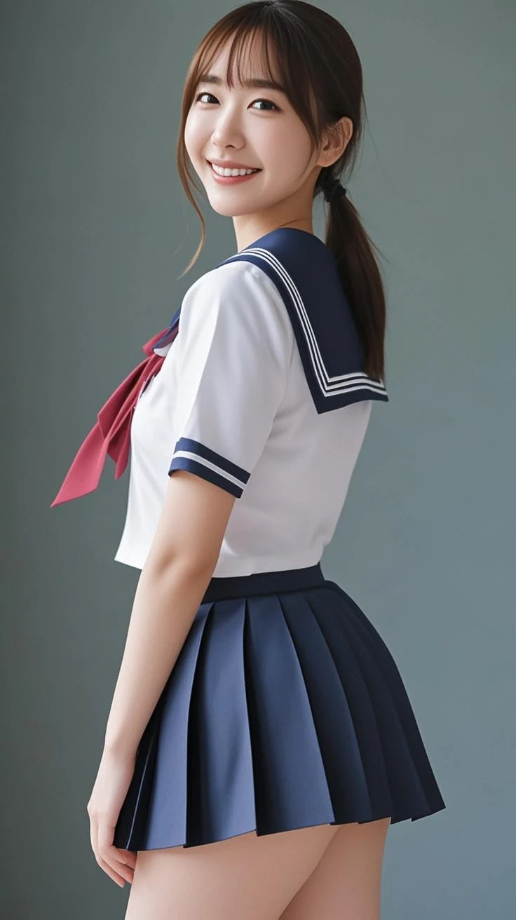 (8k, RAW photo, best quality, masterpiece:1.2), (realistic, photo-realistic:1.37), ultra highres, depth of field, chromatic aberration, caustics, Broad lighting, natural shading,Fujifilm XT3,masterpiece,ultra detailed,serafuku,1girl, solo, (blue hair:1.3), school uniform, blue eyes, skirt, short hair, grey skirt, red neckerchief, neckerchief, pleated skirt, sailor collar, grey shirt, long sleeves, white sailor collar, shirt, bangs, cowboy shot, looking at viewer, <lora:Kiritani Haruka_01:0.7>