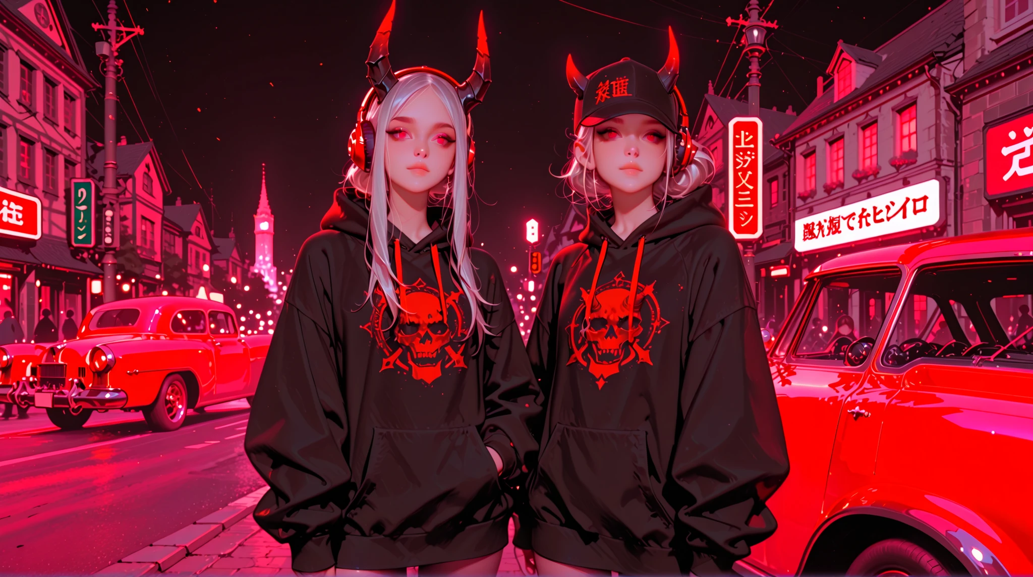 1 girl, one girl pic, Anime-style full-body (cowboy shot) of a 17-year-old female Oni with silver hair, red eyes, small demon horns, and wearing bright red headphones. She has a teenage look, dressed in a casual jacket with a hood (hoodie), urban streetwear style. Slightly mischievous or aloof expression. Background simple or softly blurred. High-detail shading, clean line art, vivid colors. Sie sitzen auf der Kapuze eines pinken Vintage-Cadillac, mit Freude Baumwolle essen. Ihre Outfits kombinieren Pastelltöne mit gotischen Accessoires: Bögen, Seil, Sneaker mit Nieten, Ärmel zu groß, Plateaustiefel. Eine hat zwei Schleifen und die andere hat mit Accessoires gefärbte Haare. Hinter ihnen, Eine Kinoleinwand im Freien leuchtet unter dem Nachthimmel mit Neonlichtern. Die Atmosphäre ist verträumt, nostalgisch, mit einem Hauch Surrealismus. weiches Licht, Anime-Ausdrücke, detaillierte Kleidung und lebendiger Stadthintergrund."