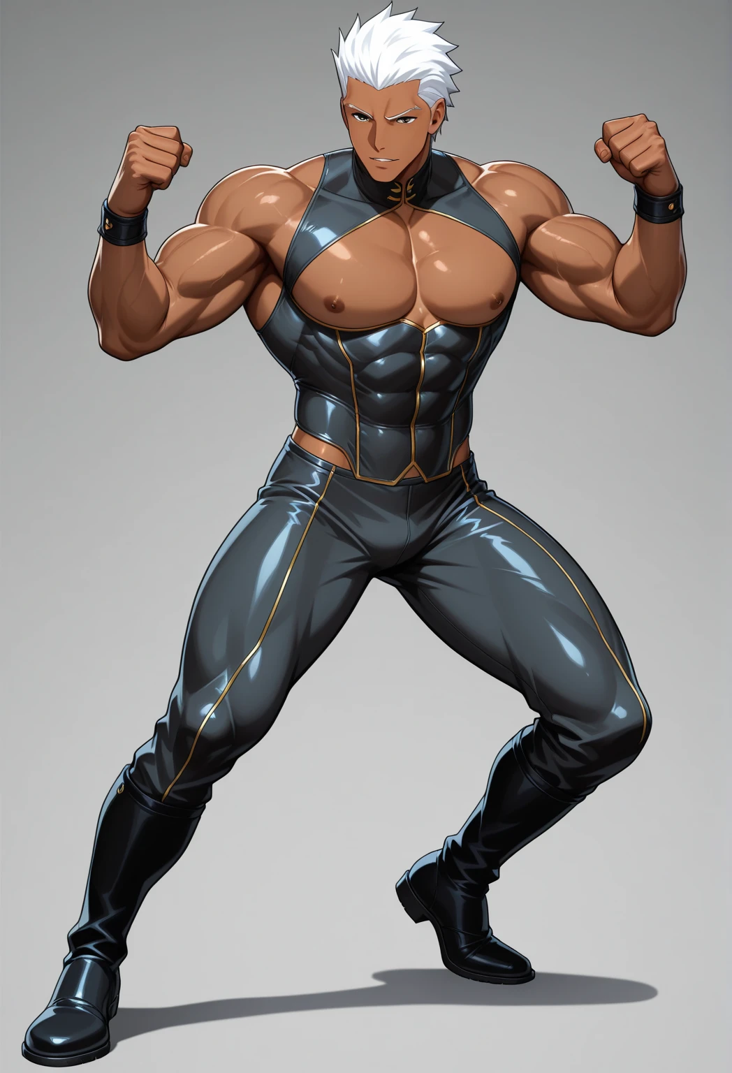 a huge muscular naked black man with a tiny waist, bodybuilder wearing a blue thong, with an outrageous blue mohican haircut, standing facing the viewer, full body image, seen from a low angle