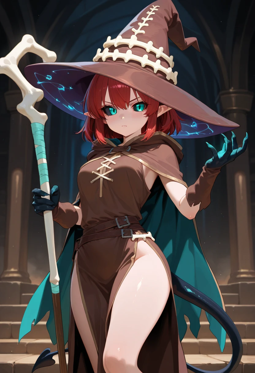 (Beautiful detailed eyes), (Beautiful Detailed face), (masterpiece, best quality:1.1), mage (dq3), 1girl, solo, short hair, pink hair, red eyes, witch hat, gloves, medium breasts, boots, cape, staff, black socks, witch, simple background, (nude)