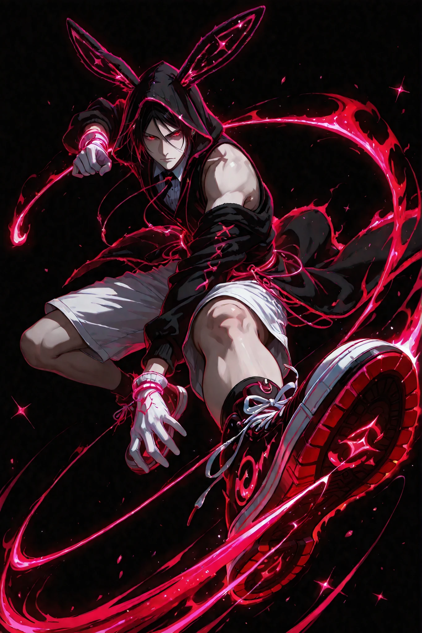 neon art, neon lineart, blue neon lineart, neon silhouette, silhouette, neon colors, glowing, glow effect, bright outlines, vibrant colors, high contrast, dark background, digital art, 1 man, adult, Sebastian Michaelis, Kuroshitsuji, solo, black hair, red eyes, handsome, sexy man, sensual, pale skin ,. nonchalant, male cool clothes, cool fashion, intricate clothes, intricate accessories, intricate patterns, cool, stylish, black top, bare shoulders, hood, rabbit hood, hood up, hood with neon trims, white shorts, shorts with neon trims, sneaker, black sneaker, single glove, white glove, solo, glowing eyes, looking at viewer, dynamic shot, dynamic view, dynamic composition, dynamic action pose, ((dynamic pose, foreshortening:1.3)), red aura, motion lines, action scene, motion blur, bokeh, glittering, sparkling, (((black background)))