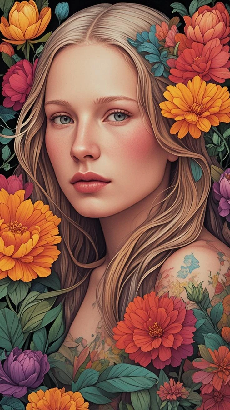 An Amazonian beauty, clear face, pretty eyes, green eyes surrounding osmanthus, proportional masterpiece of perfect body structure, super detailed, epic composition, color tattoo art, new traditional tattoo art, SD Tattoo Design., color tattoo art, mysterious warm and friendly atmosphere, Hyperrealistic painting, super HD, high quality, of the highest quality, 32k --v 6