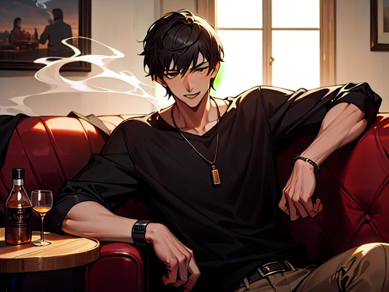 There is a man in a black shirt (side split, high cold), drinking at a bar