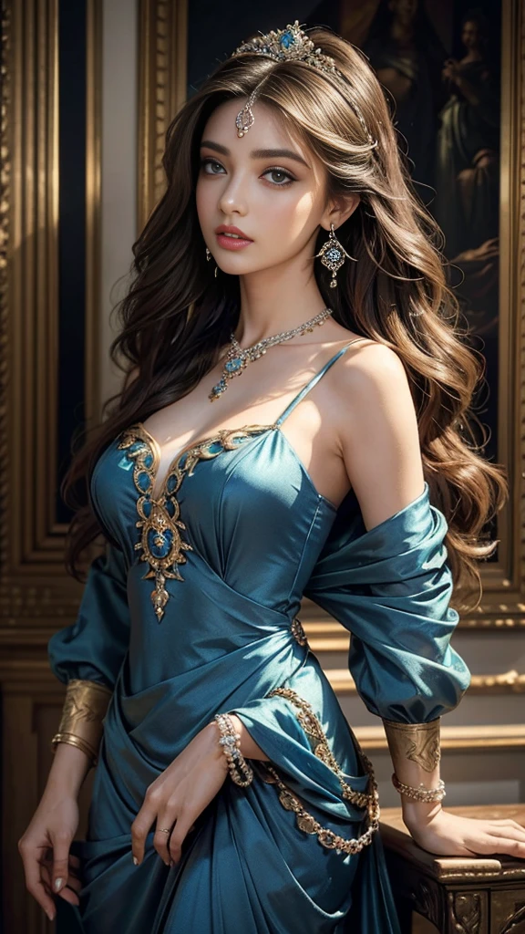 Absurd, ultra-detailed, high quality, masterpiece, detailed face, beautiful eyes(detailed eyes), Greek mythology, Goddess, Nyx (Goddess of the Night) , the queen of the gods, striking and captivating, features are classically beautiful, with high cheekbones, a perfectly proportioned face, eyes depicted as large and captivating, hold an intense gaze, golden hair , Gole hair is luxuriant and flowing, cascading down her back in waves , wearing elegant robes adorned with intricate patterns , Her beauty is not merely superficial but embodies the essence of power, authority, and regality, good open breast, good booty, much torn in clothes, view to thigh, many torn in clothes, view to thigh, cluster skin, wet skin, sit, front view
