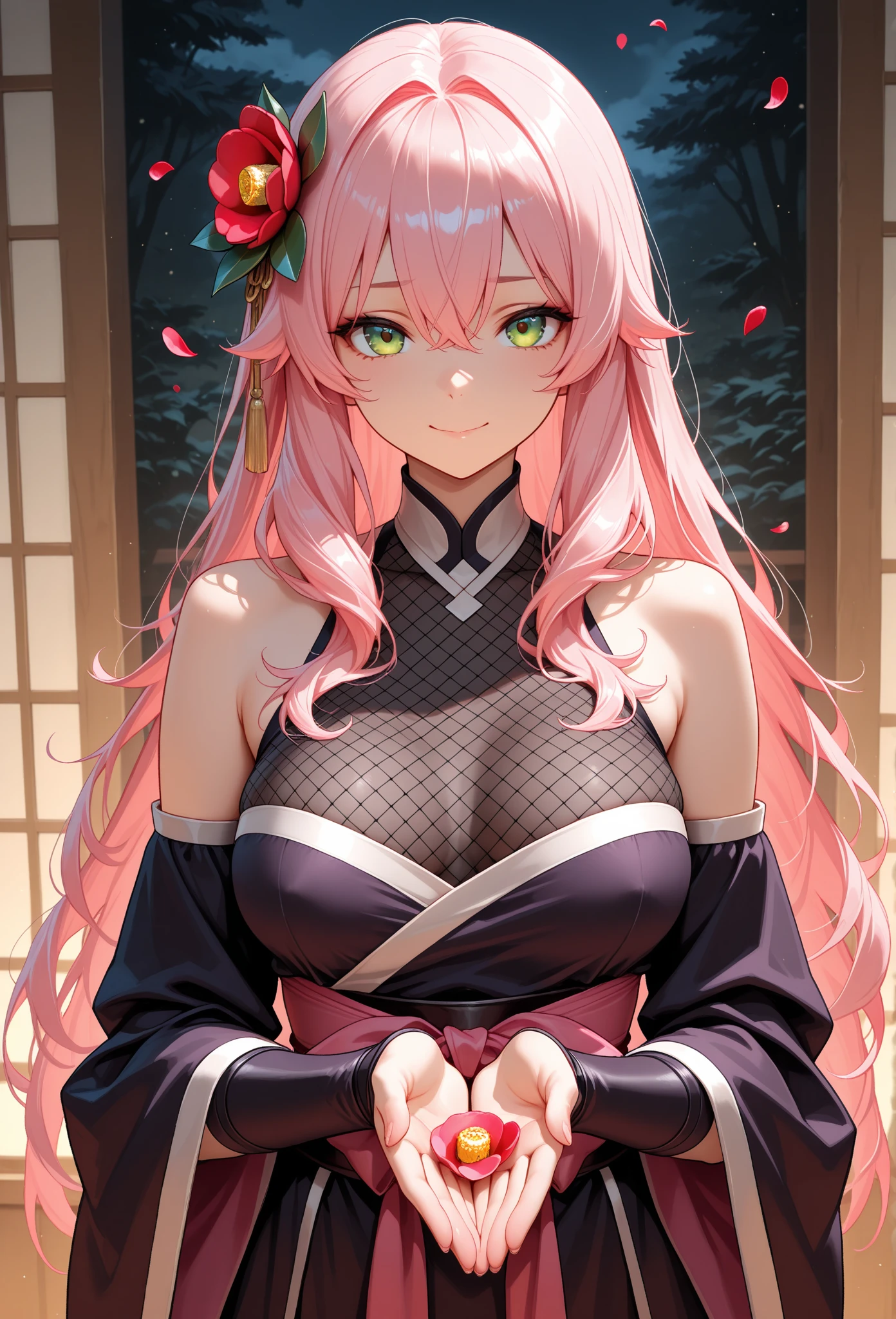 ((Kimetsu no Yaiba style)), {{high resolution illustration}}, ((seductive gaze)), (((pale skin))), masterpiece, ((mature woman)), ((curvy figure)), large breasts, wide hips, revealing japanese clothing, ((sengoku era clothing)) , ((detailed anime sketch)), close-up, upper body, 1girl, solo, female focus, fine detail, absurdres, HDR, pink hair, pink eyes, ((stunning eyes)), ((detailed eyes)), slit pupils, oni horns,