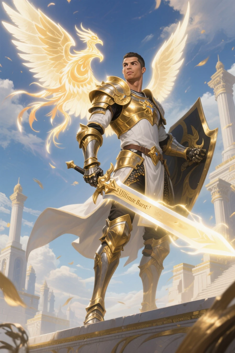 tall, handsome, strong angelic warrior, wearing a Greek armor with gold and palladium detailing with purple-colored Excalibur sword on his right arm and a lilac shield on his left arm, flying across the sky on a cliff surrounded by butterflies and golden dandelions