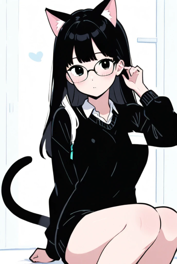 dedo nos labios, orelhas de gato, bela jovem usando meias pretas com saia curta, belos olhos, black tights beautiful eyes , morena, morena, cabelos curtos sueter branco curto,usando oculos