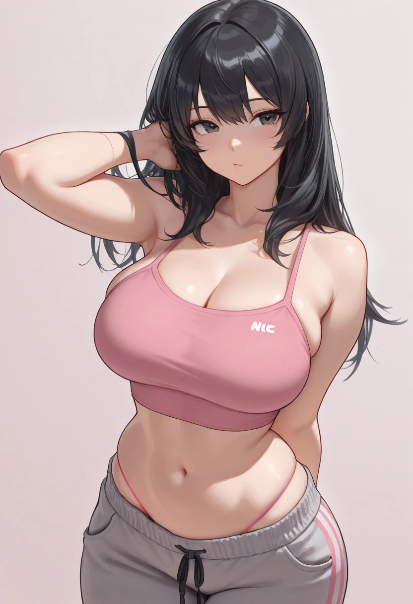 Simple White Background,
Black  yoga pants, black sports bra, black yoga pants, 
Purple eyes, Black hair, parted bangs, Long_hair, High ponytail, dark skin, parted bangs
1 girl, 23yo,Young female,Beautiful long legs,Beautiful body, dark skin, muscular, six pack, athletic, dark skin 
Beautiful Nose,Beautiful character design, perfect eyes, perfect face,expressive eyes,perfect balance,
looking at viewer,(Focus on her face),closed mouth, (innocent_big_eyes:1.0),(soft_Smile:0.3),
official art,extremely detailed CG unity 8k wallpaper, perfect lighting,Colorful, Bright_Front_face_Lighting,dark skin,
(masterpiece:1.0),(best_quality:1.0), ultra high res,4K,ultra-detailed,
photography, 8K, HDR, highres, absurdres:1.2, Kodak portra 400, film grain, blurry background, bokeh:1.2, lens flare, (vibrant_color:1.2),professional photograph,
(Beautiful,large_Breasts:1.4), (beautiful_face:1.5),(narrow_waist),