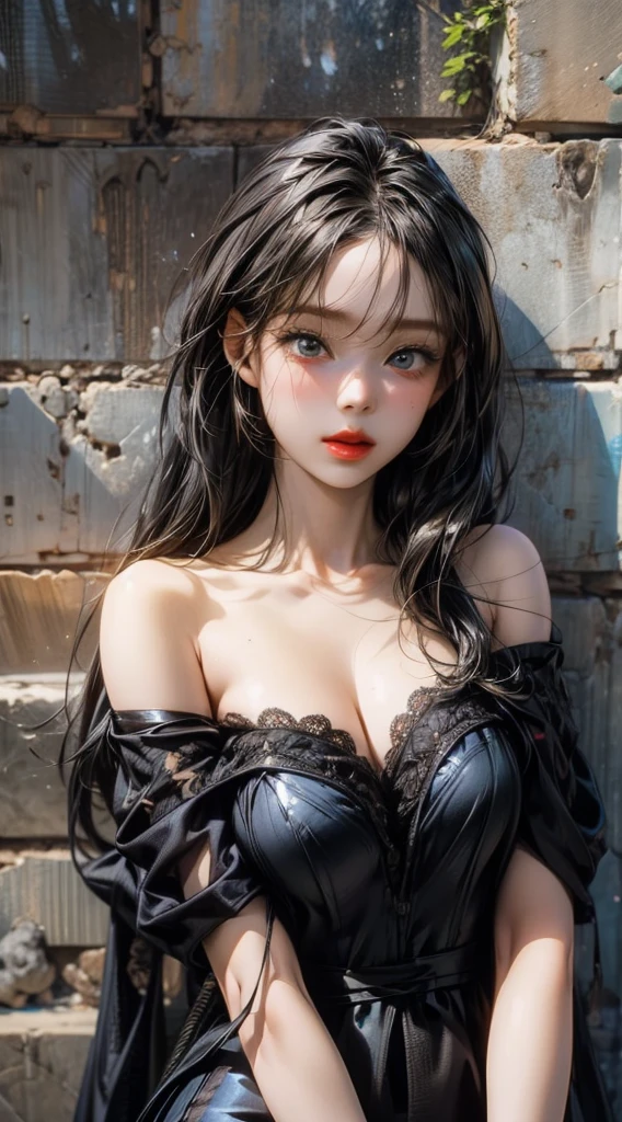((RAW Photo), absurd, (absurdresolution)), masterpiece, best quality, (Extremely detailed 8k unity CG wallpaper), (best illustration), (best shadow), Realistic lighting, beautiful detailed glow, ((21 years old)), long black hair, slender, very huge tits, boyish accessories, slanted narrow eyes , tall height, face forward, whole body((Photographic Perspective of her)))